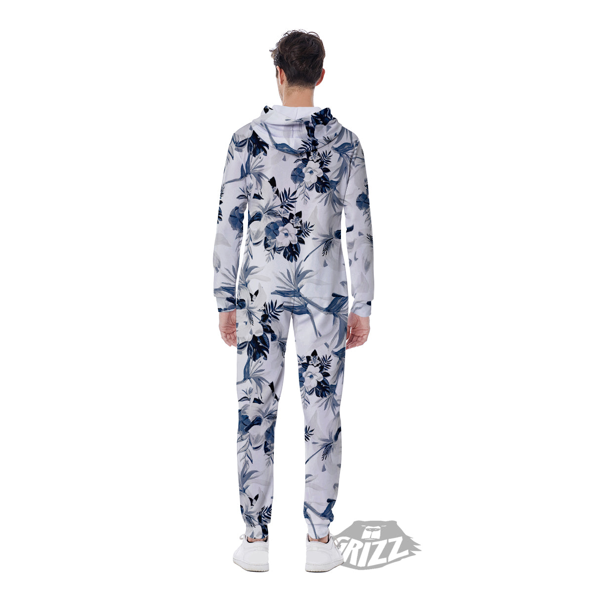 Hibiscus Floral White And Blue Print Pattern Men's Jumpsuit-grizzshop