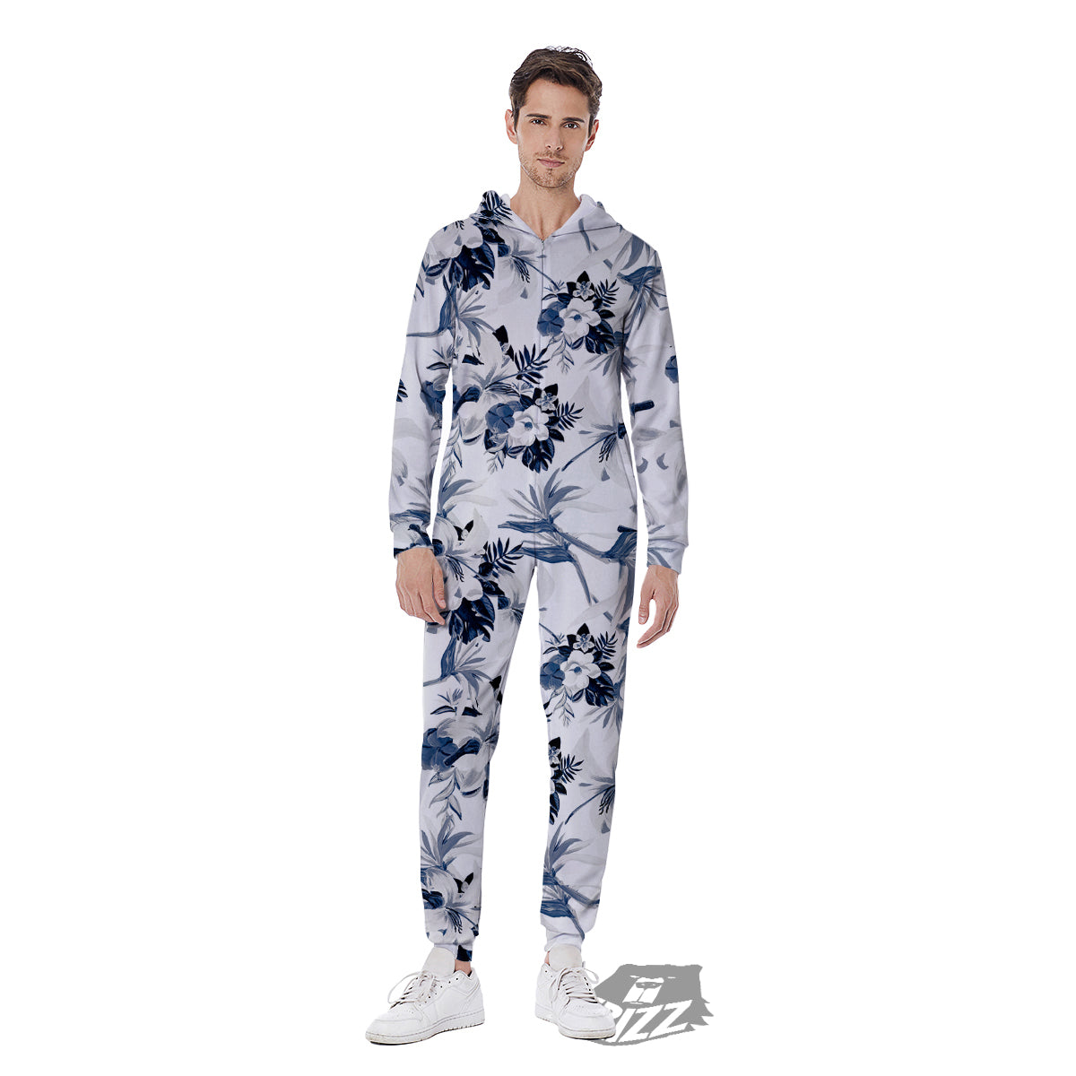 Hibiscus Floral White And Blue Print Pattern Men's Jumpsuit-grizzshop