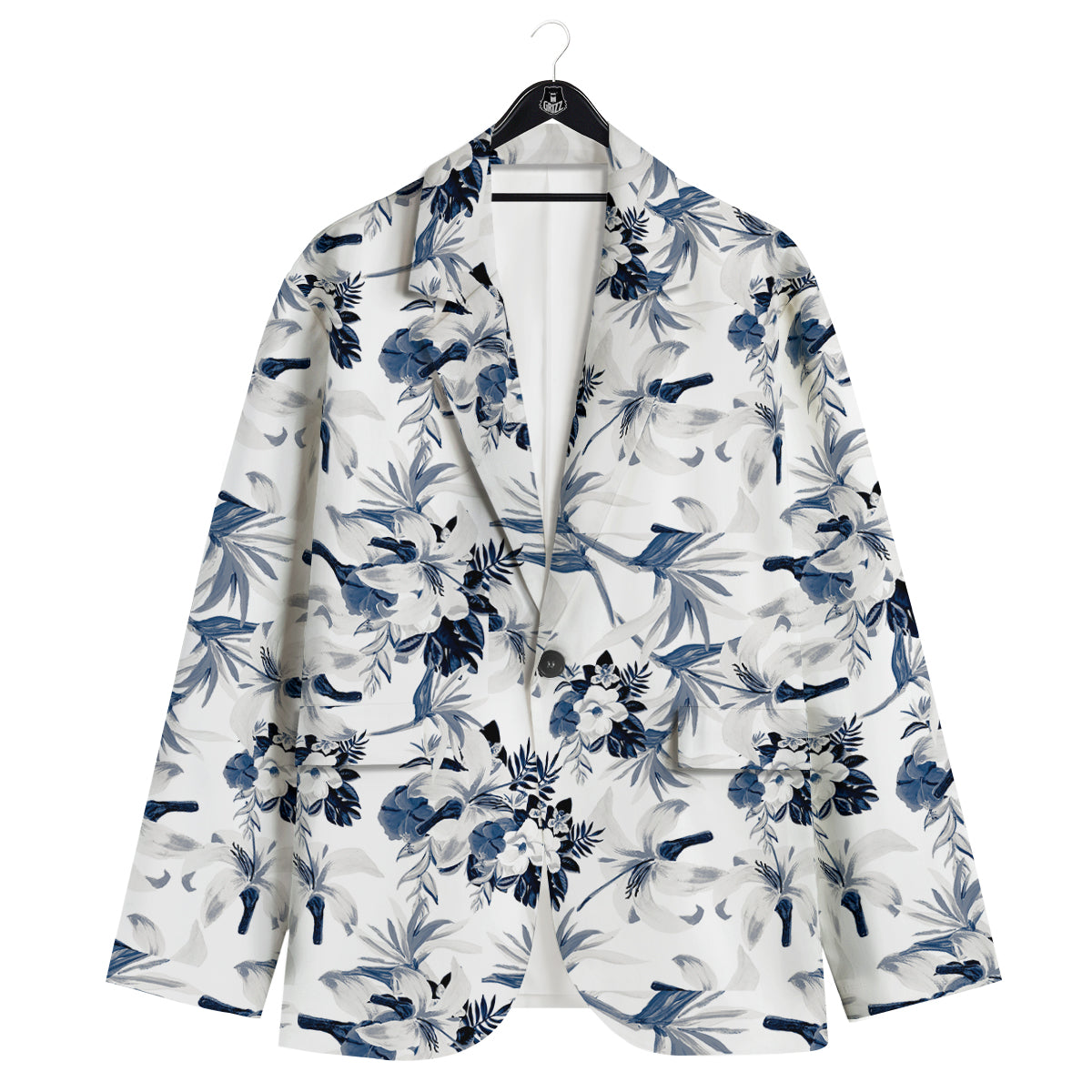 Hibiscus Floral White And Blue Print Pattern Men's Sport Coat-grizzshop