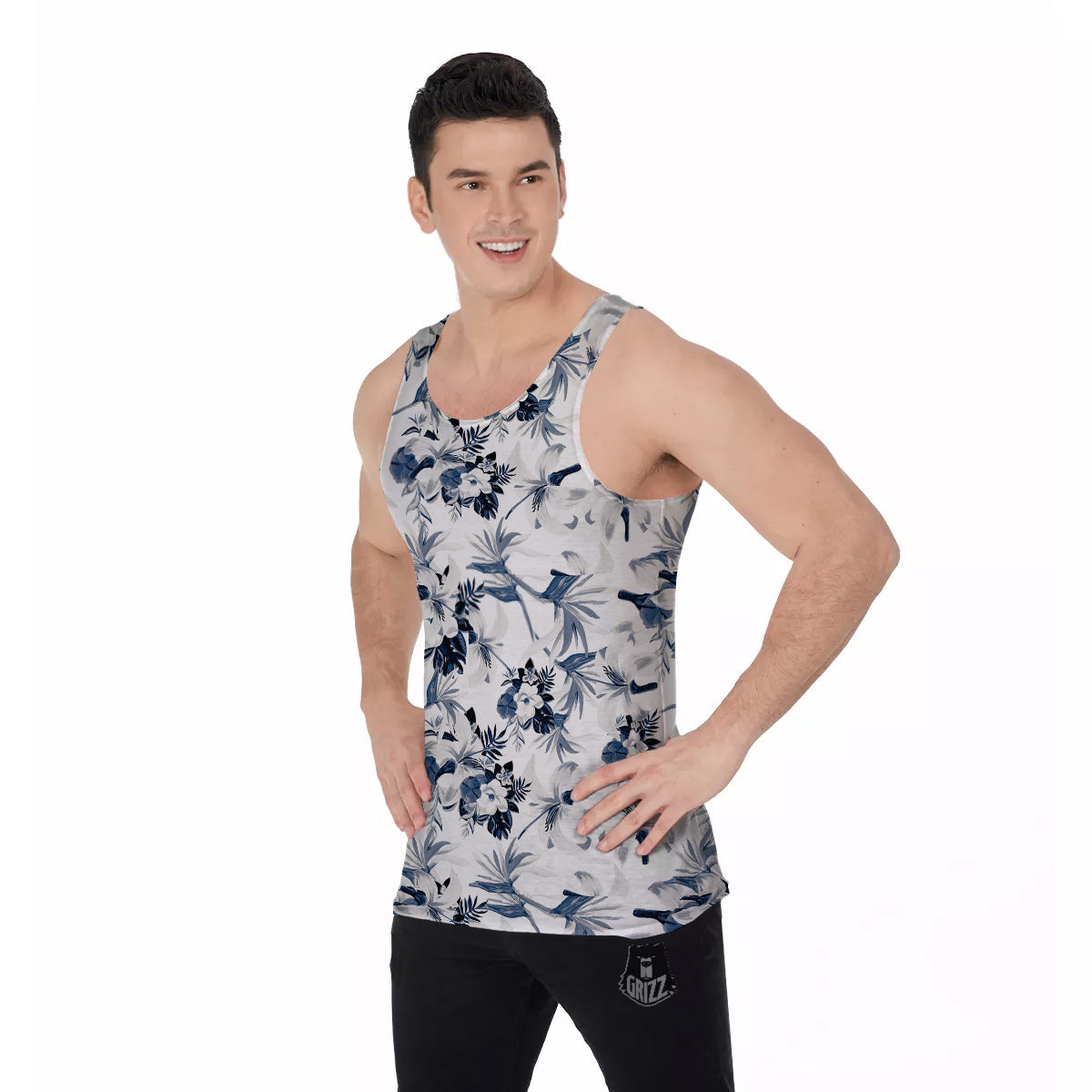 Hibiscus Floral White And Blue Print Pattern Men's Tank Top-grizzshop