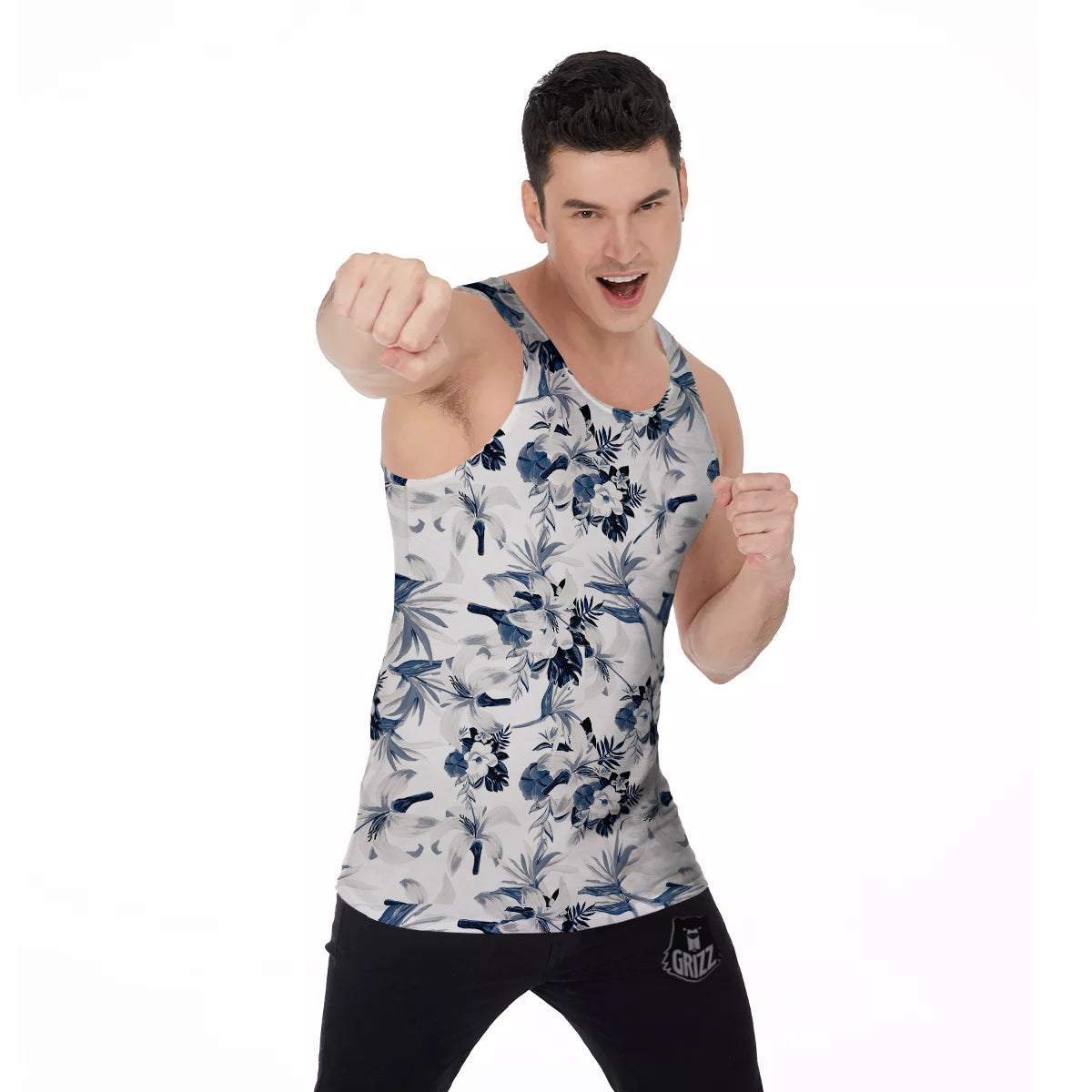 Hibiscus Floral White And Blue Print Pattern Men's Tank Top-grizzshop