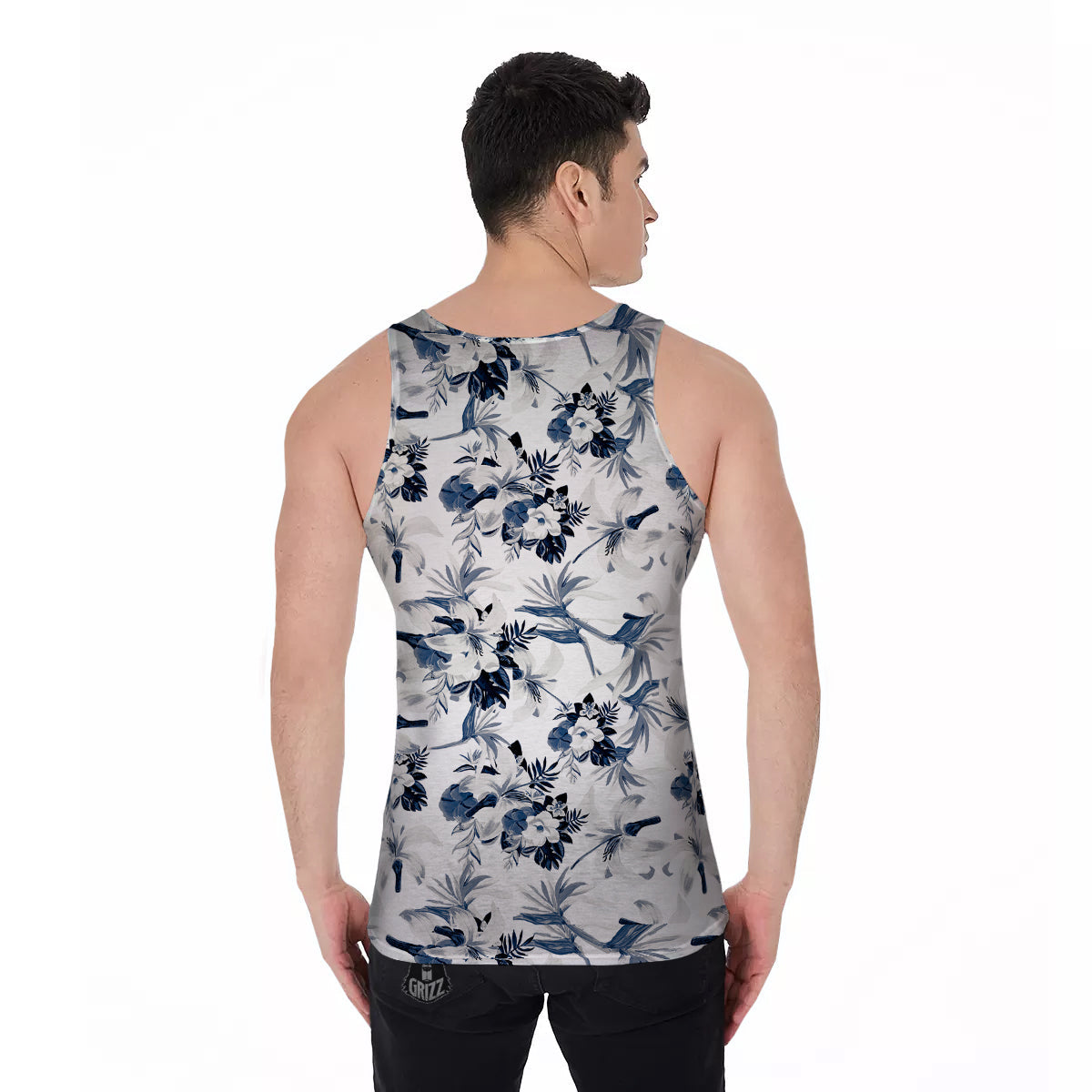 Hibiscus Floral White And Blue Print Pattern Men's Tank Top-grizzshop