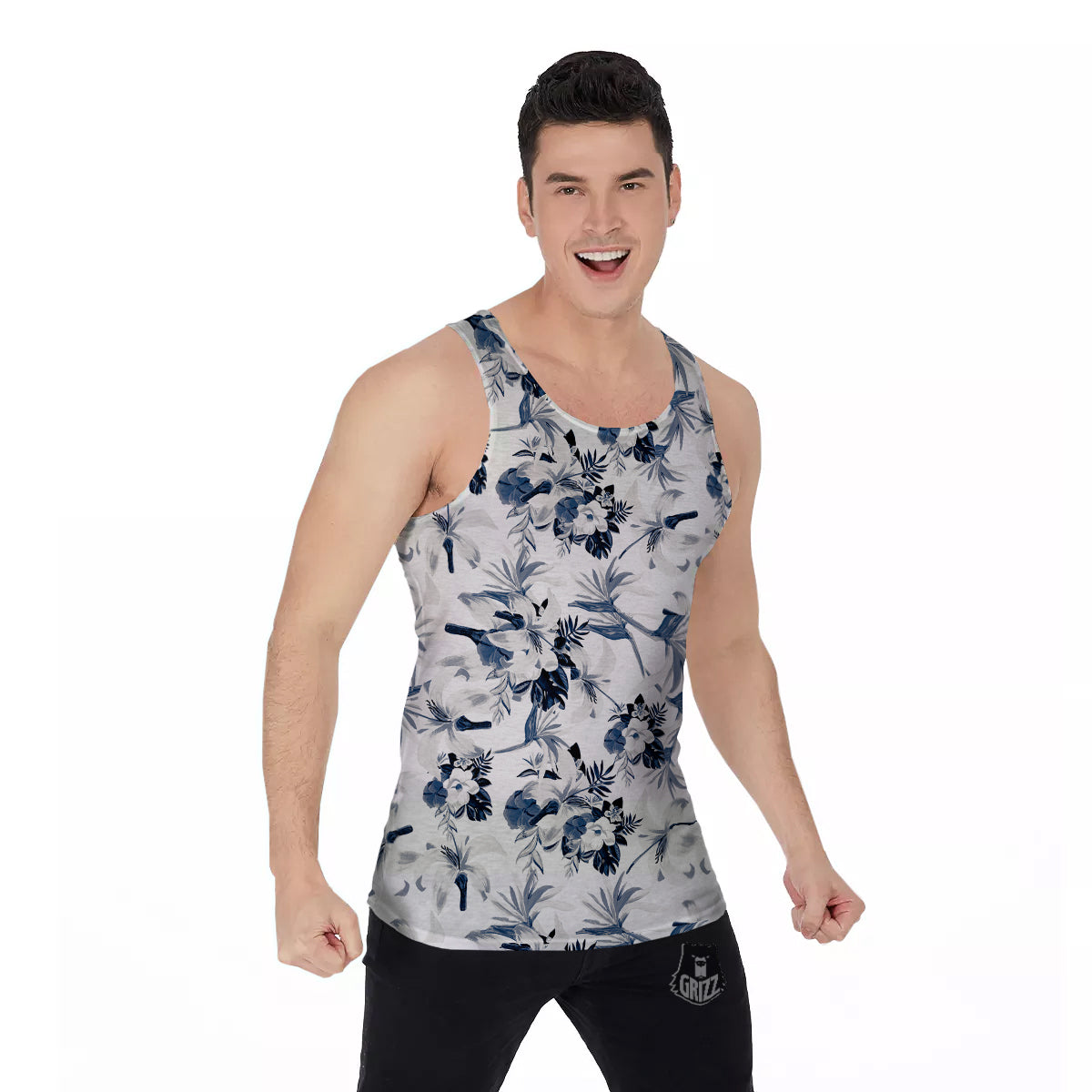 Hibiscus Floral White And Blue Print Pattern Men's Tank Top-grizzshop