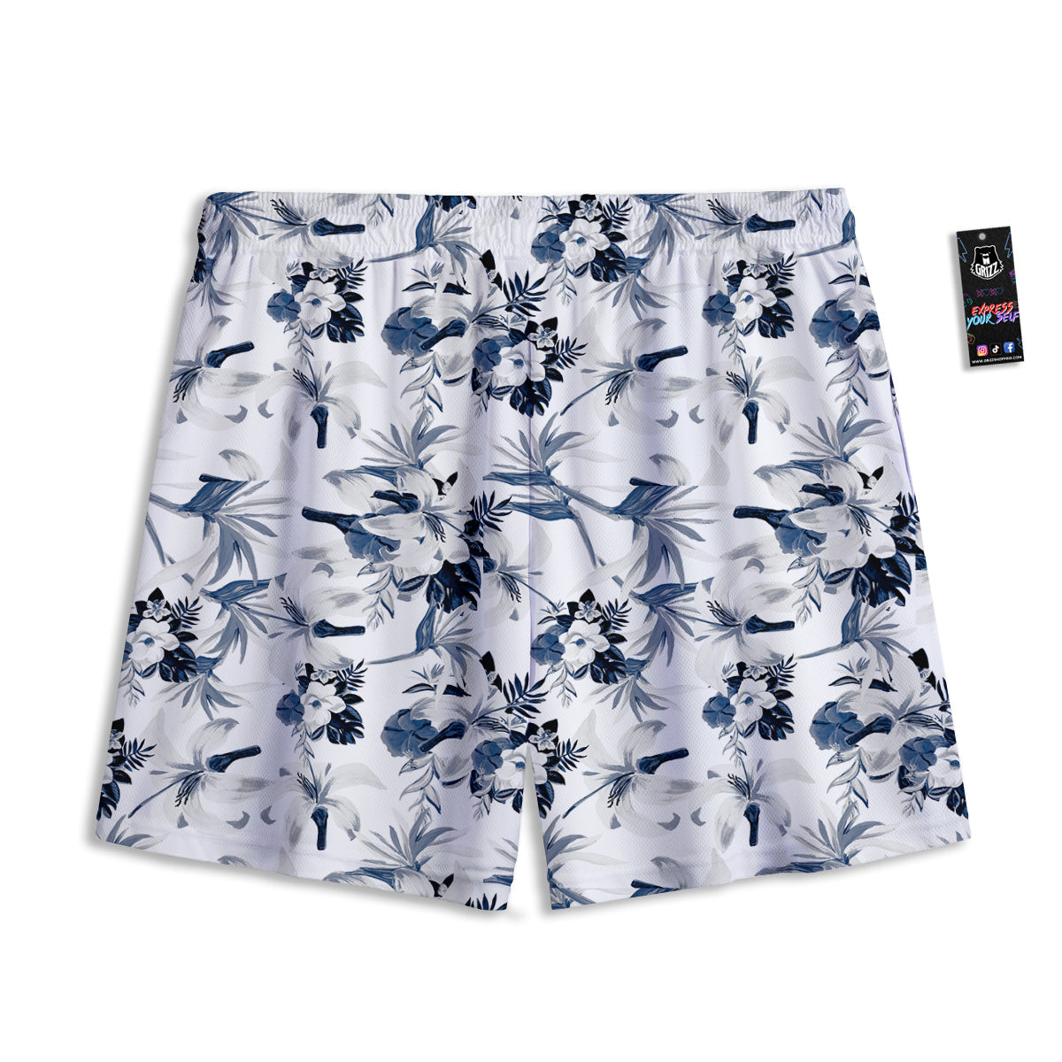 Hibiscus Floral White And Blue Print Pattern Mesh Shorts