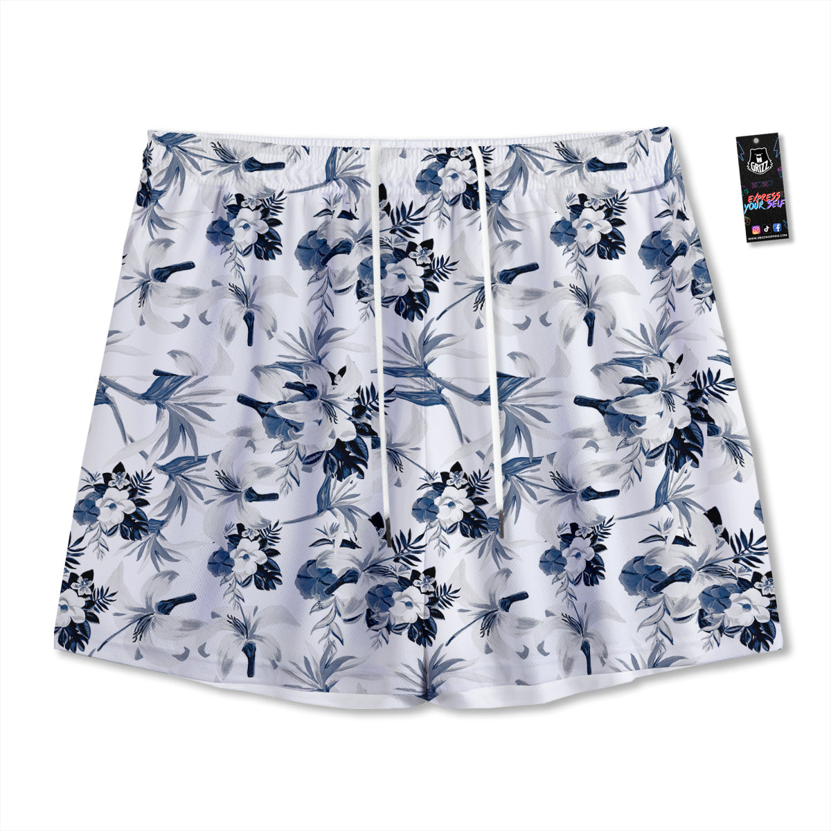 Hibiscus Floral White And Blue Print Pattern Mesh Shorts