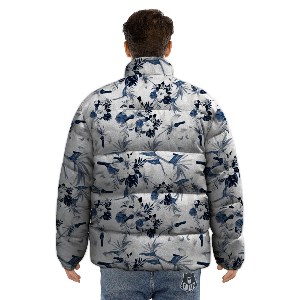 Hibiscus Floral White And Blue Print Pattern Puffer Jacket-grizzshop