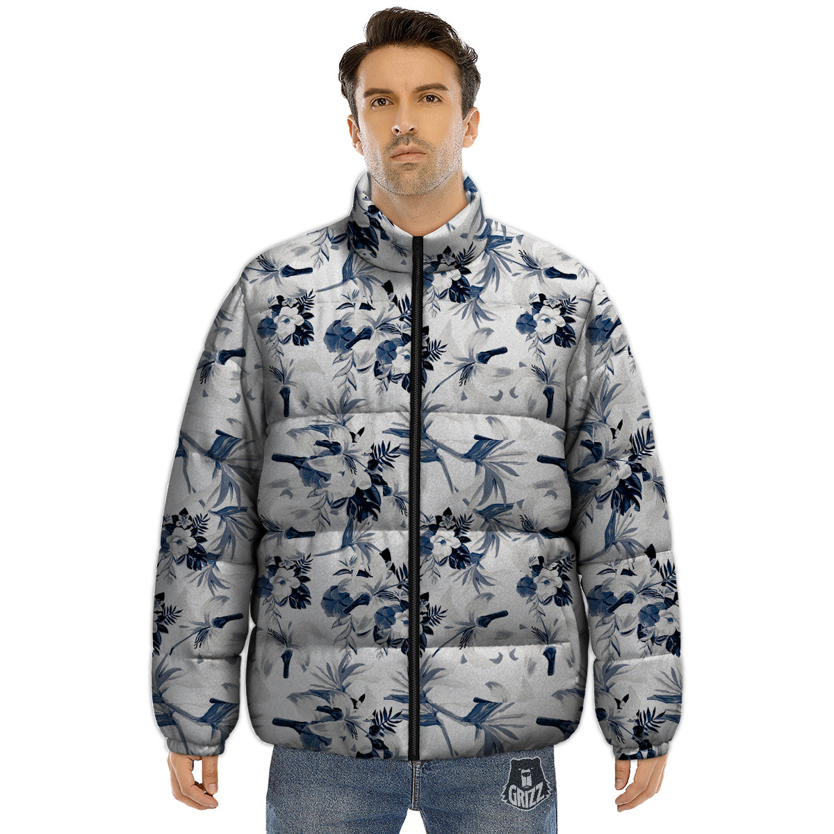 Hibiscus Floral White And Blue Print Pattern Puffer Jacket-grizzshop