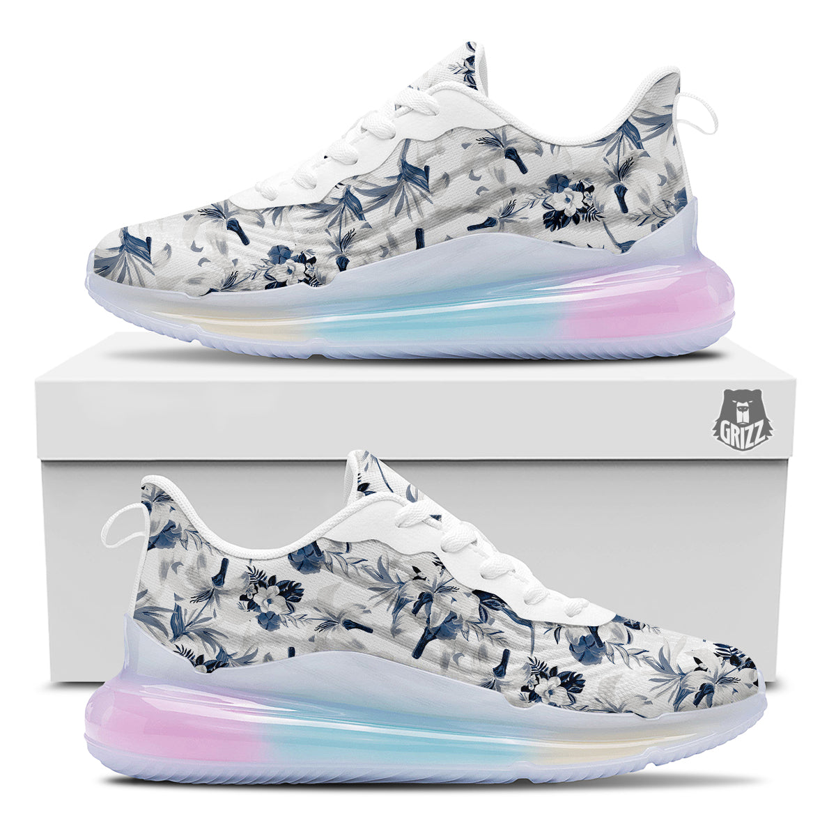 Hibiscus Floral White And Blue Print Pattern Running Sneakers-grizzshop
