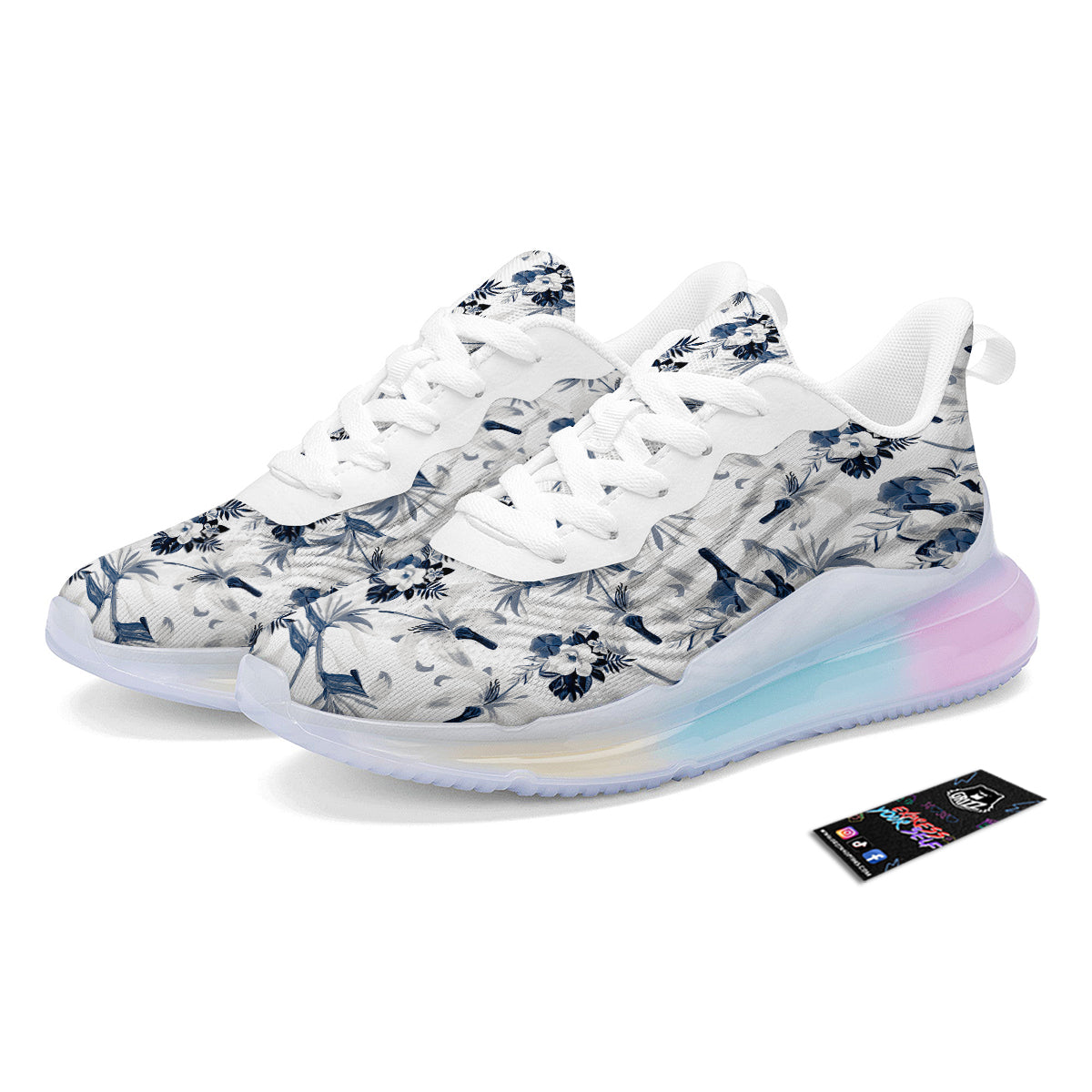 Hibiscus Floral White And Blue Print Pattern Running Sneakers-grizzshop