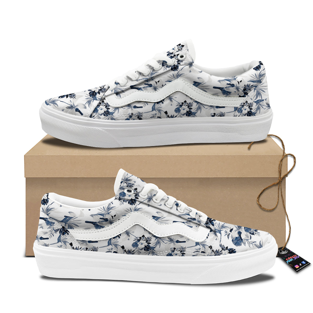 Hibiscus Floral White And Blue Print Pattern Skate Shoes-grizzshop