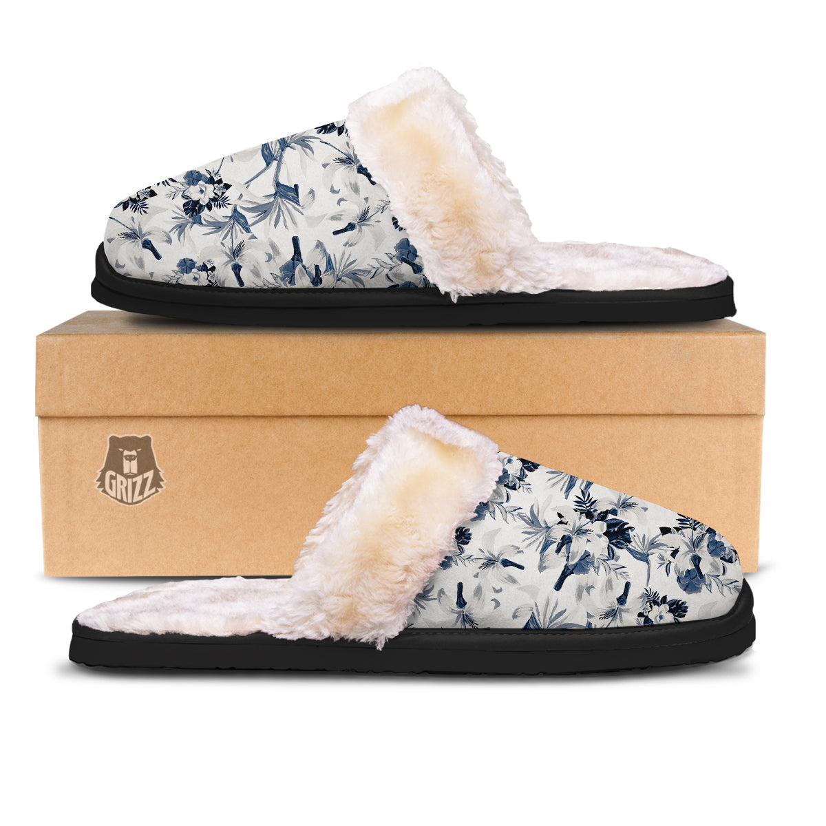 Hibiscus Floral White And Blue Print Pattern Slippers-grizzshop