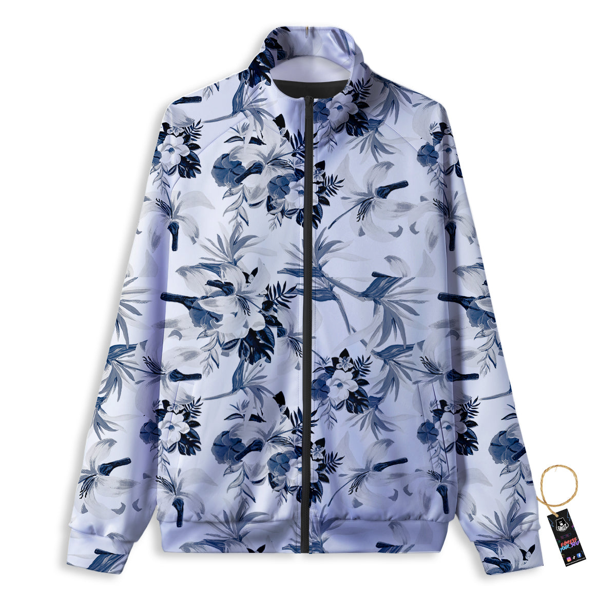 Hibiscus Floral White And Blue Print Pattern Track Jacket-grizzshop