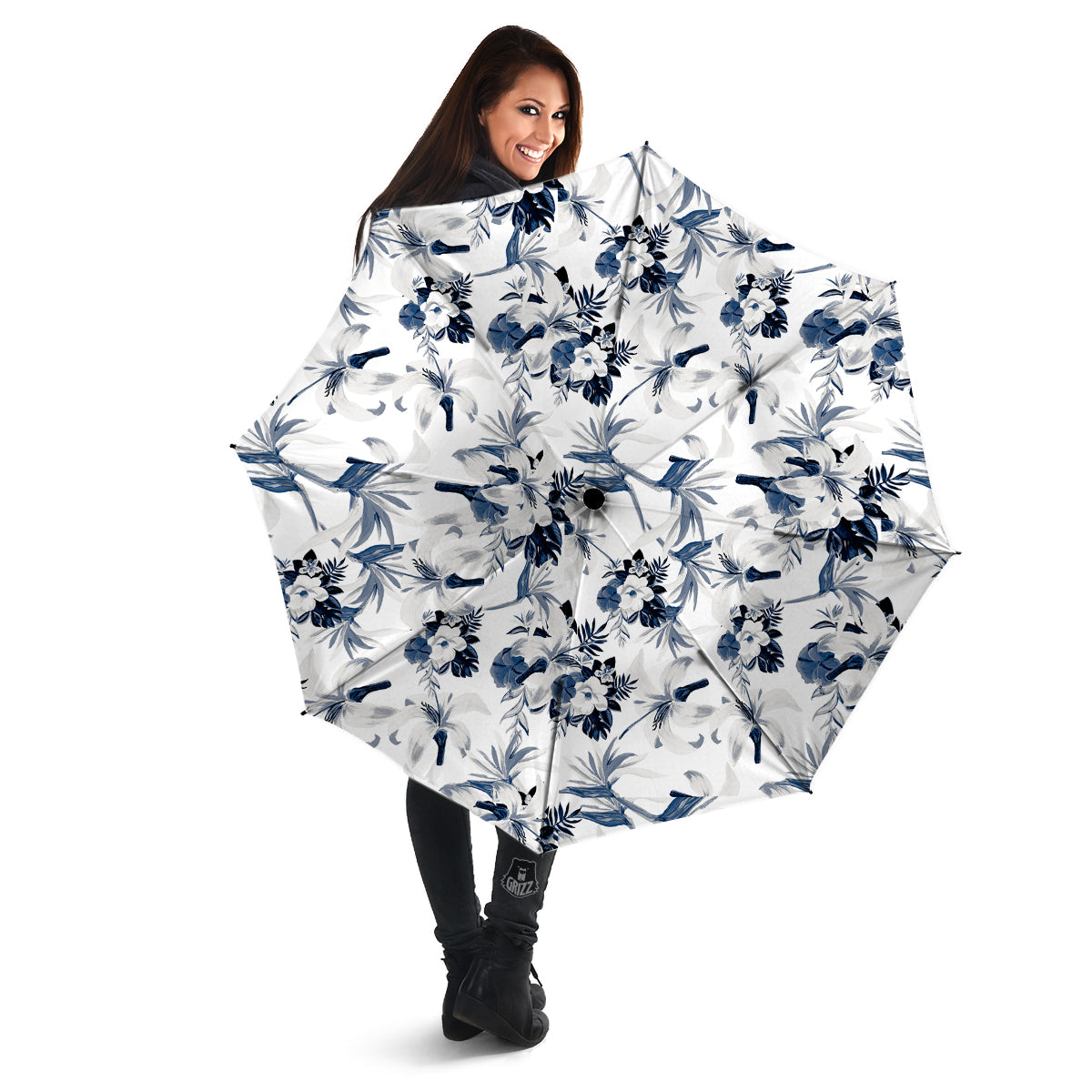 Hibiscus Floral White And Blue Print Pattern Umbrella-grizzshop