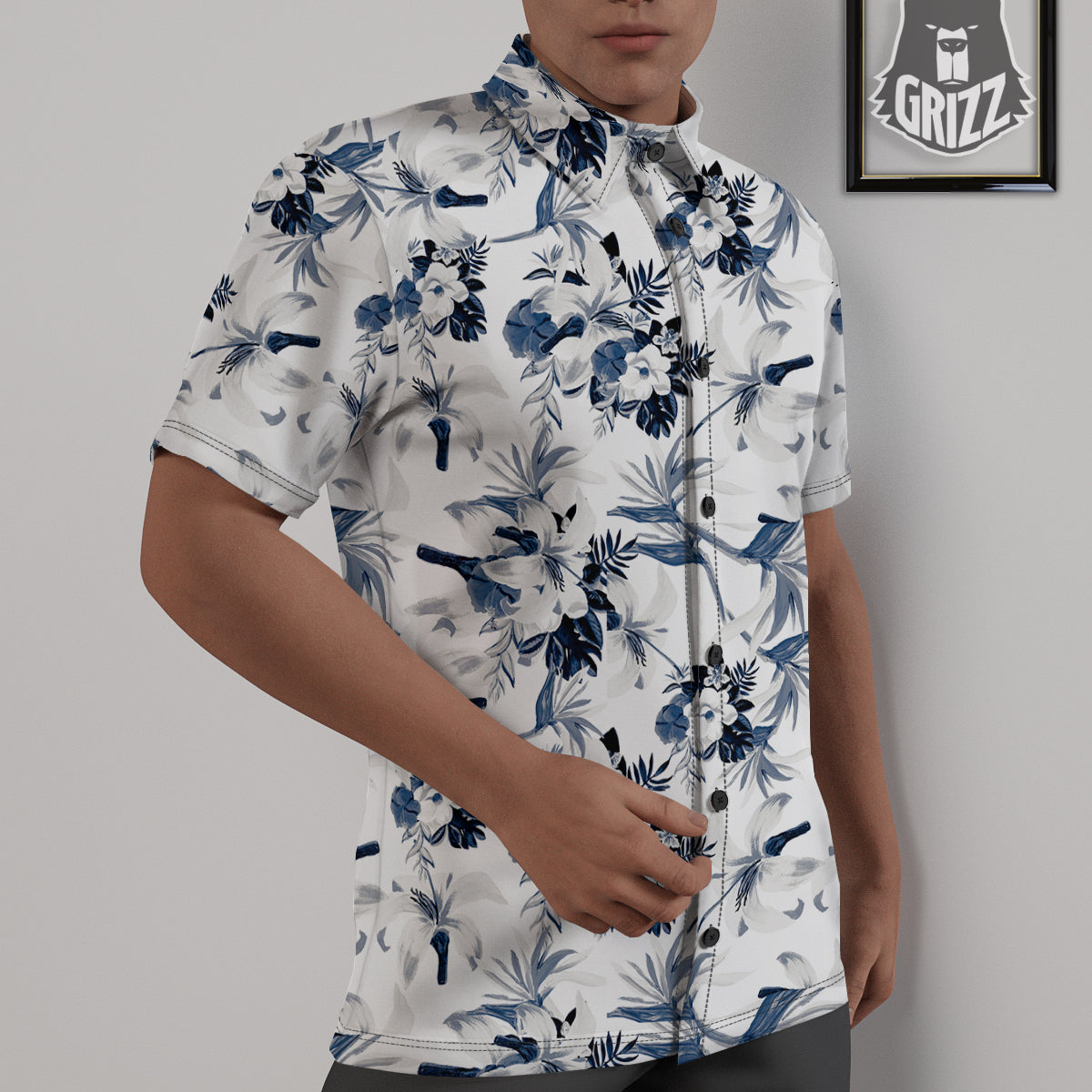 Hibiscus Floral White And Blue Print Pattern Untucked Shirts-grizzshop