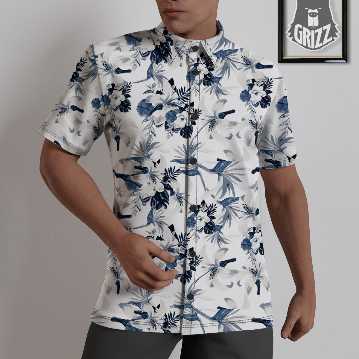 Hibiscus Floral White And Blue Print Pattern Untucked Shirts-grizzshop