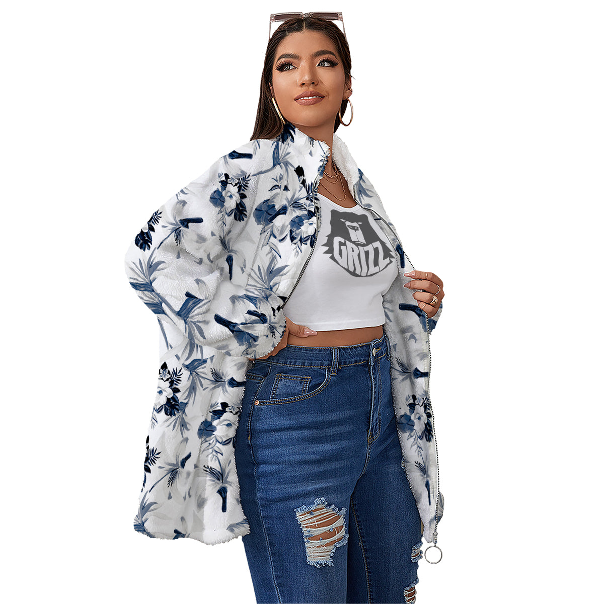 Hibiscus Floral White And Blue Print Pattern Women's Sherpa Jacket-grizzshop