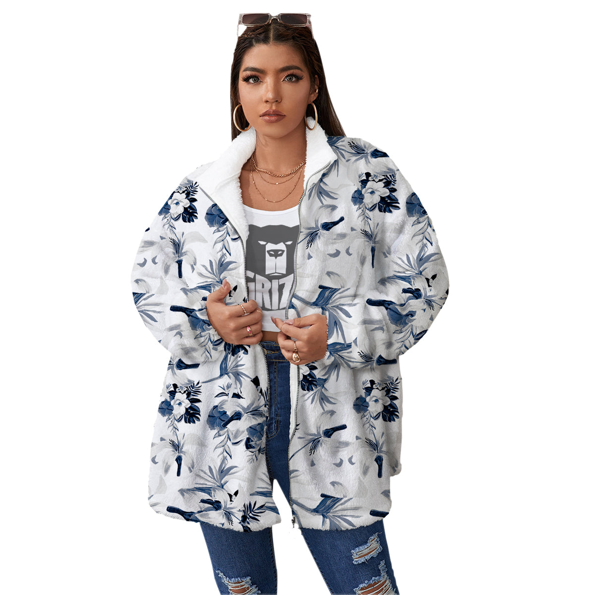 Hibiscus Floral White And Blue Print Pattern Women's Sherpa Jacket-grizzshop
