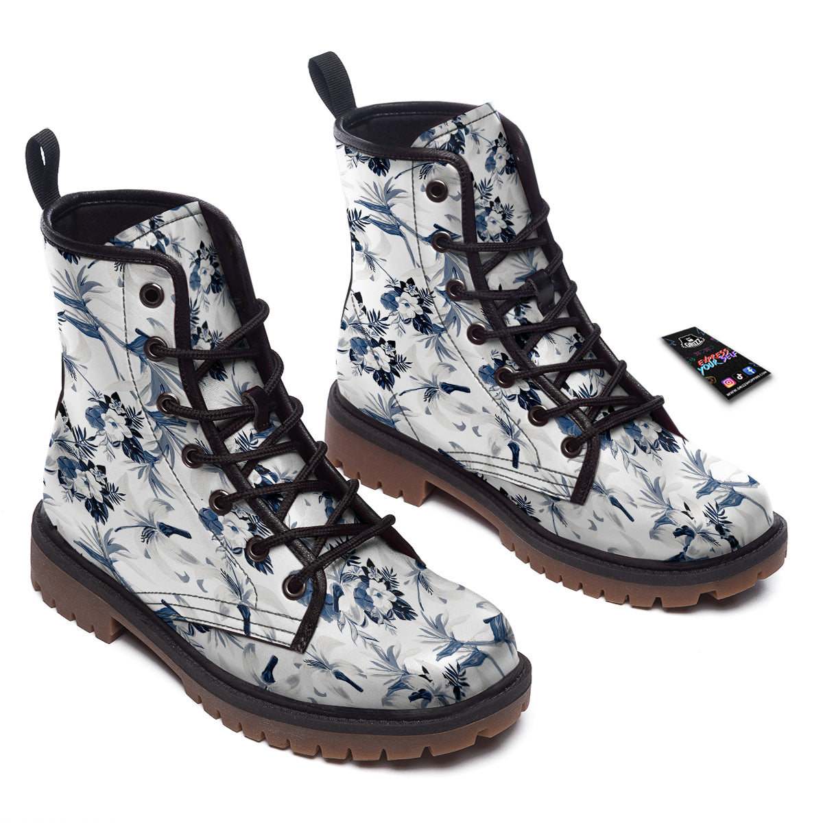 Hibiscus Floral White And Blue Print Pattern Work Boots-grizzshop