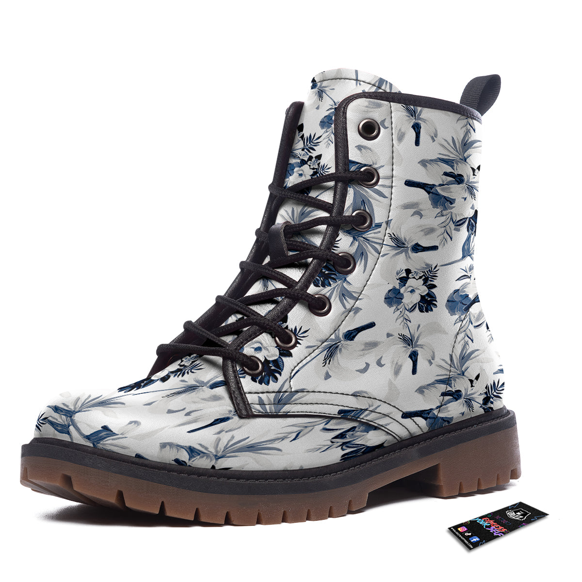 Hibiscus Floral White And Blue Print Pattern Work Boots-grizzshop