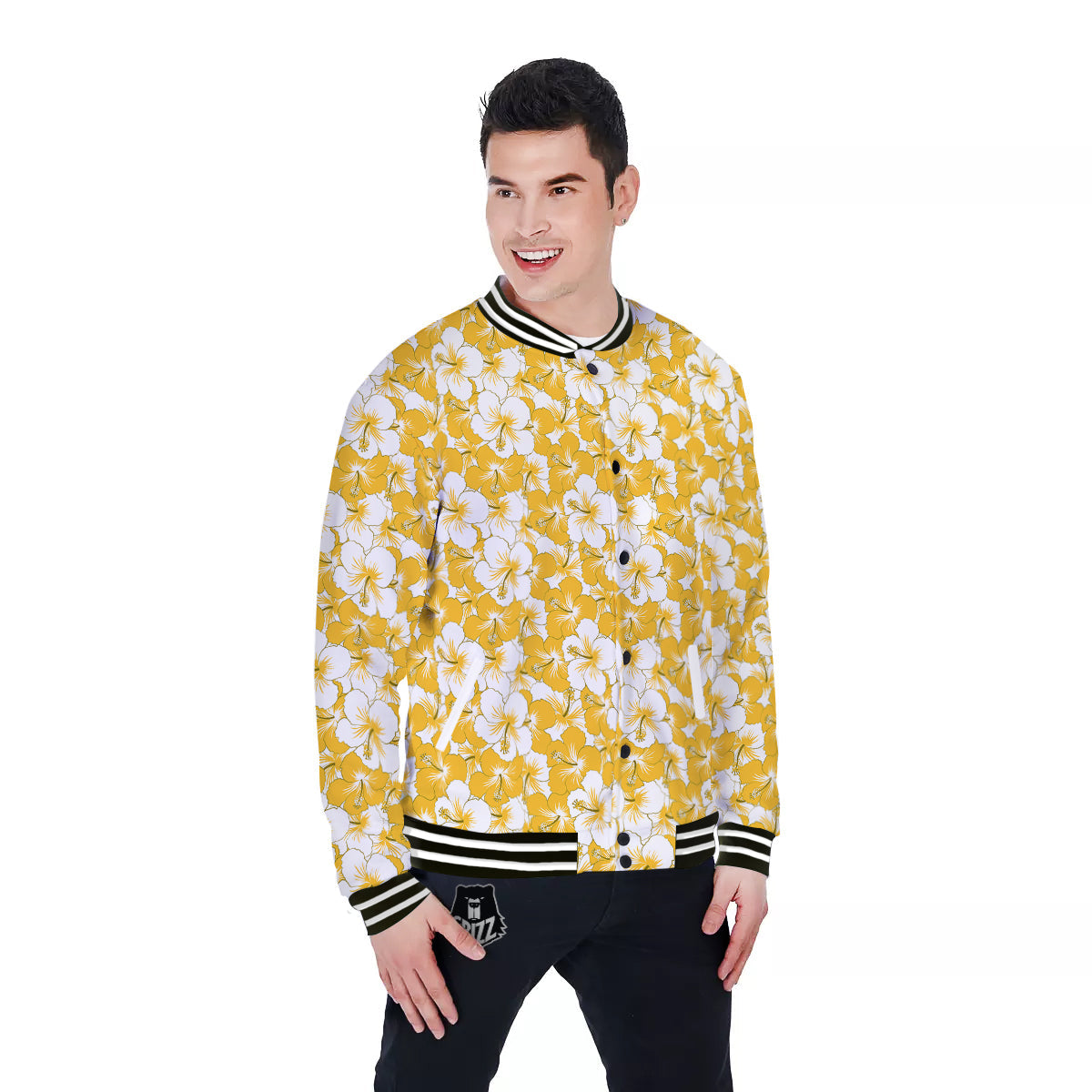 Hibiscus Flower And Camo Yellow Print Pattern Baseball Jacket-grizzshop