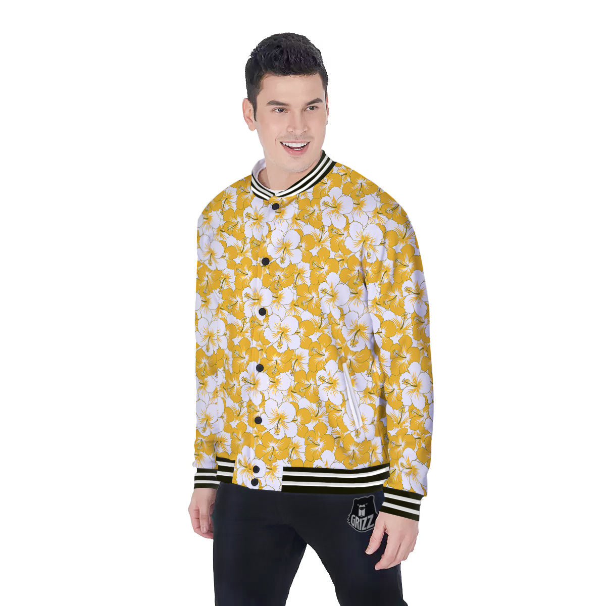 Hibiscus Flower And Camo Yellow Print Pattern Baseball Jacket-grizzshop