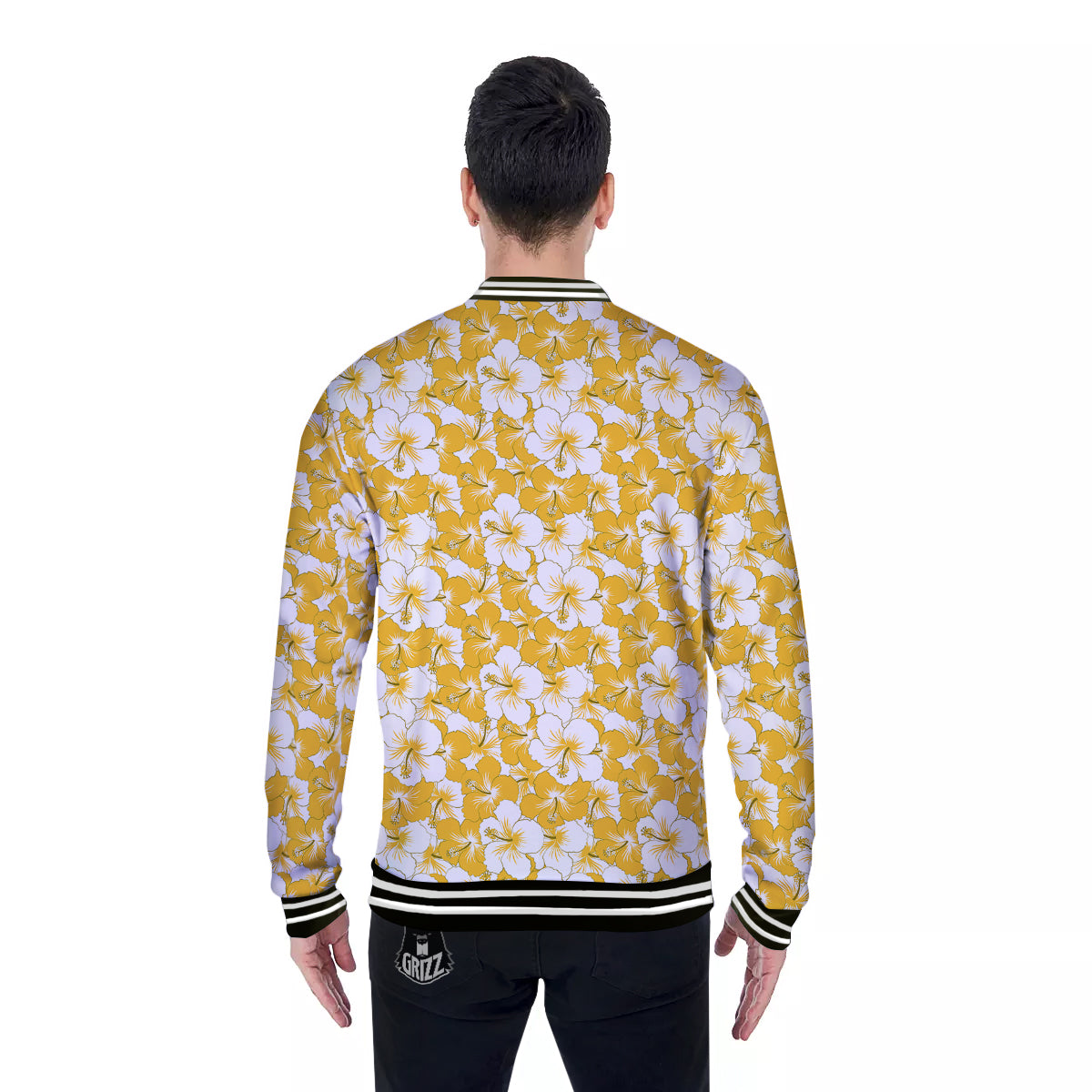 Hibiscus Flower And Camo Yellow Print Pattern Baseball Jacket-grizzshop