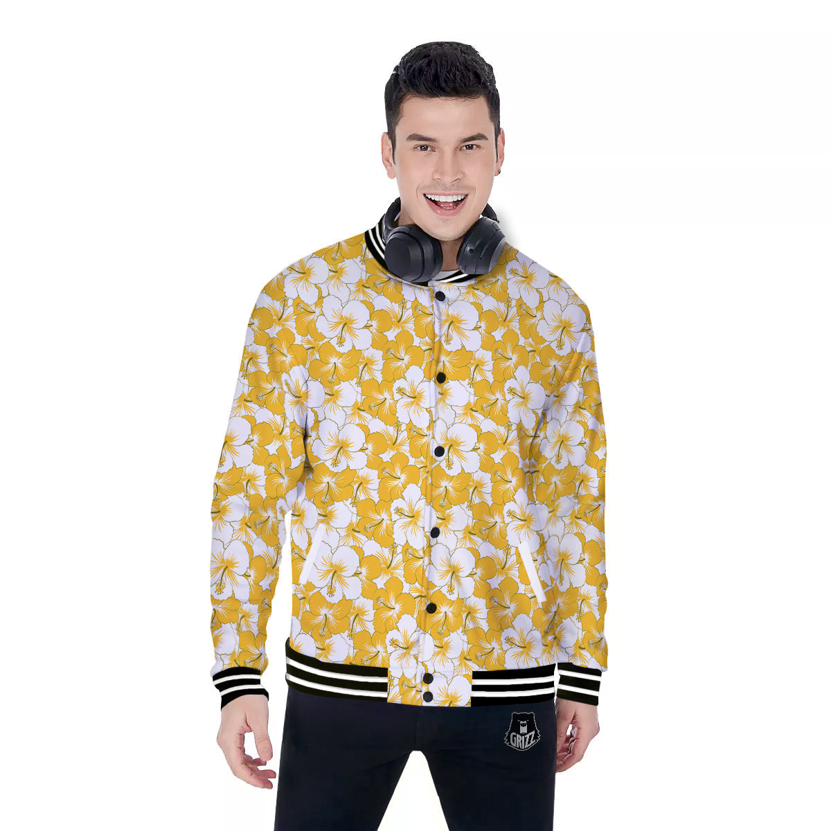 Hibiscus Flower And Camo Yellow Print Pattern Baseball Jacket-grizzshop