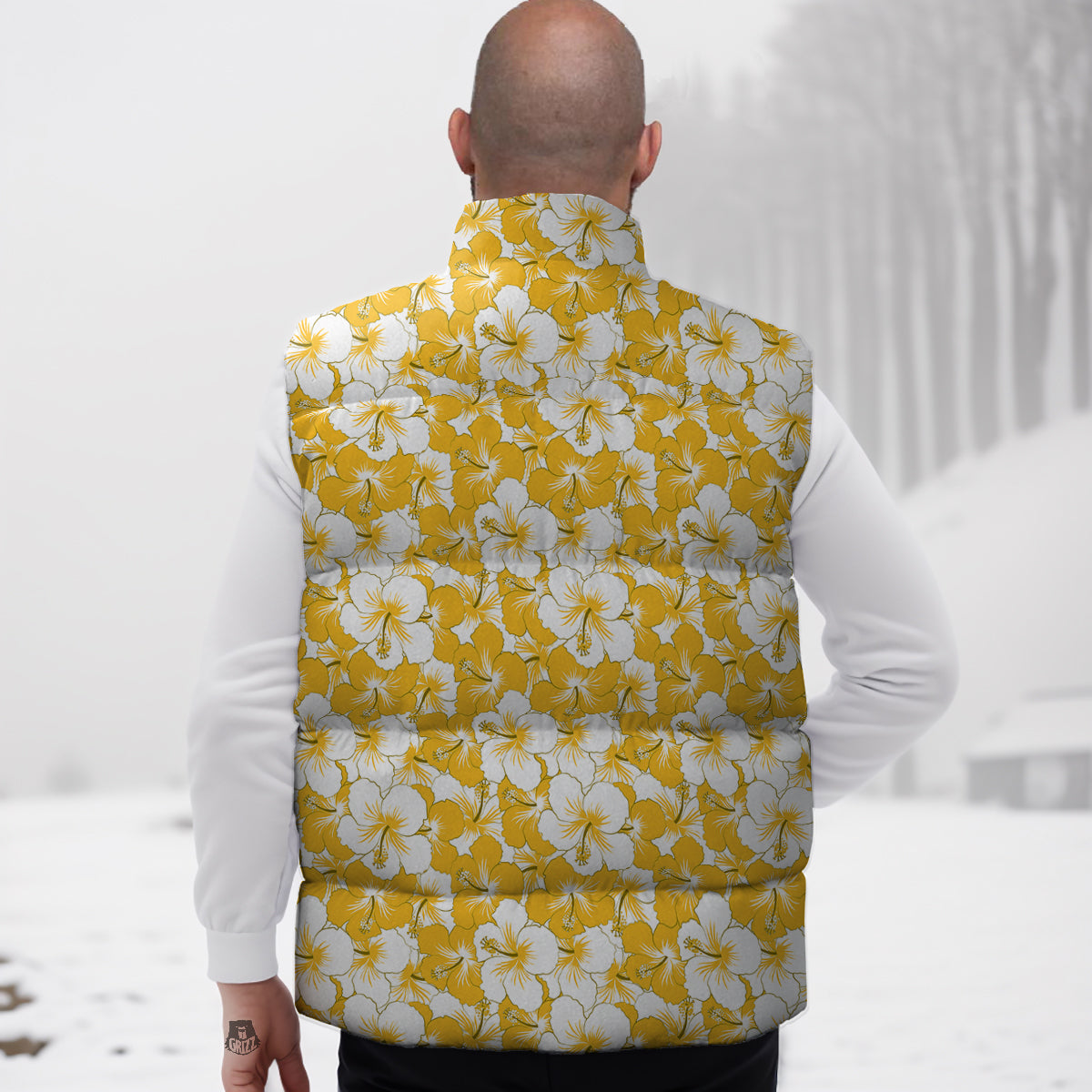 Hibiscus Flower And Camo Yellow Print Pattern Down Vest