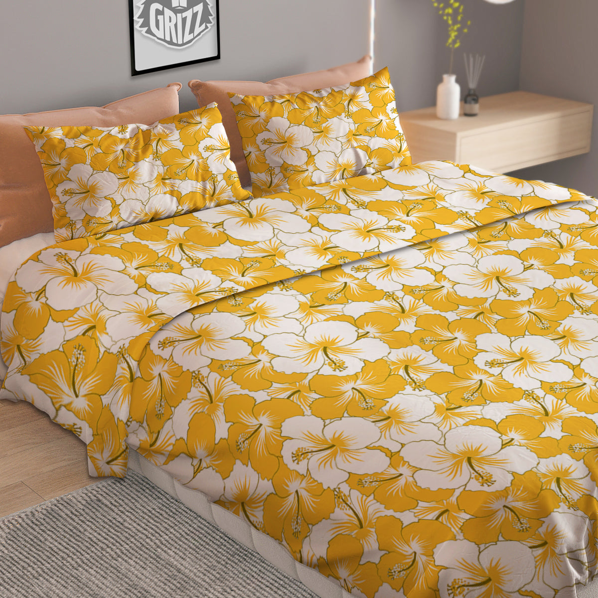 Hibiscus Flower And Camo Yellow Print Pattern Duvet Cover Bedding Set