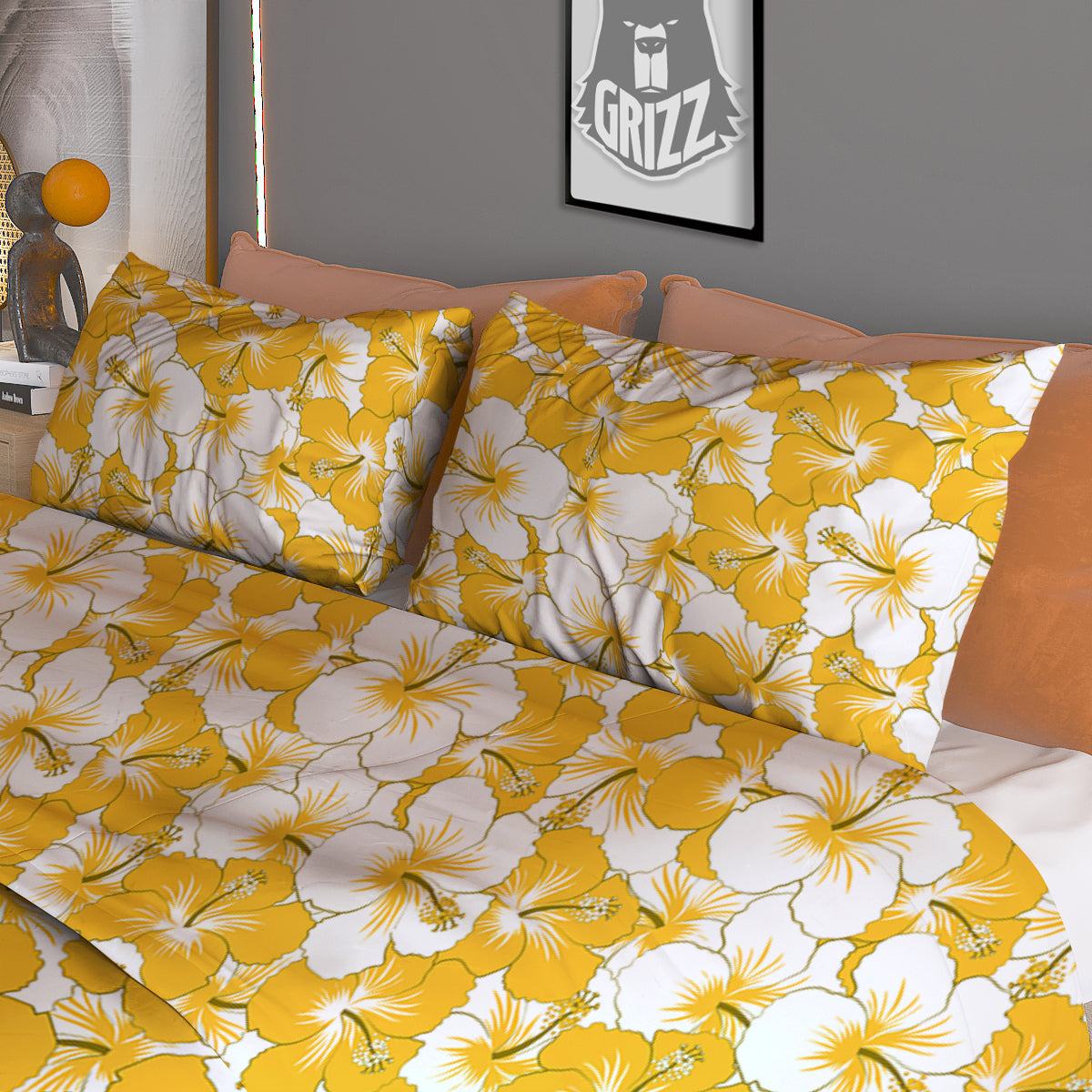 Hibiscus Flower And Camo Yellow Print Pattern Duvet Cover Bedding Set