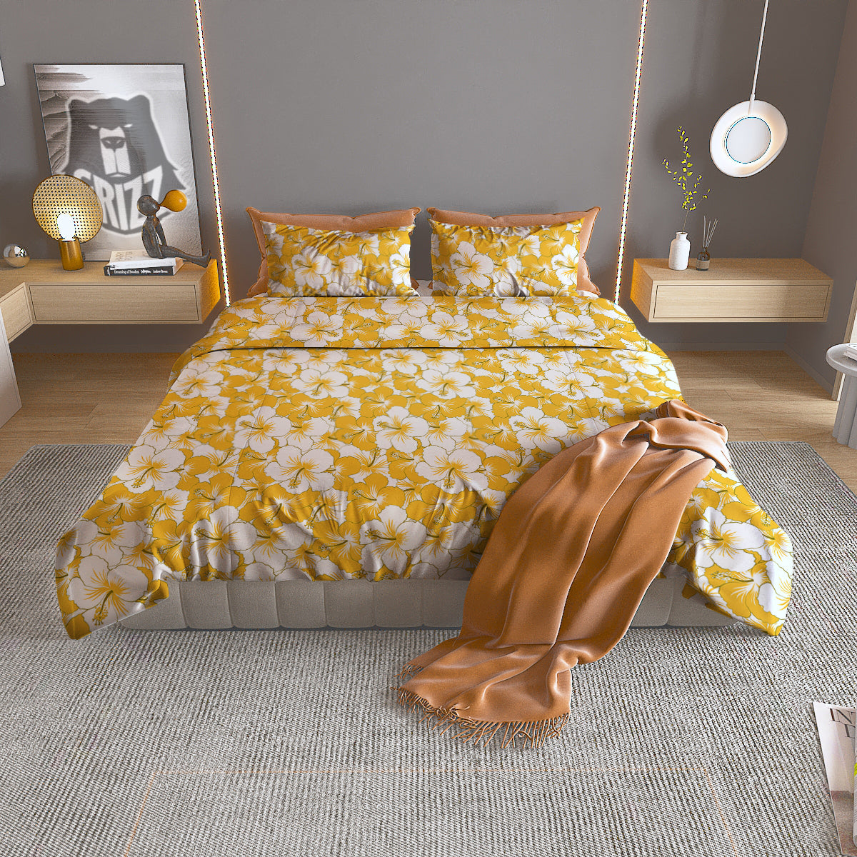 Hibiscus Flower And Camo Yellow Print Pattern Duvet Cover Bedding Set