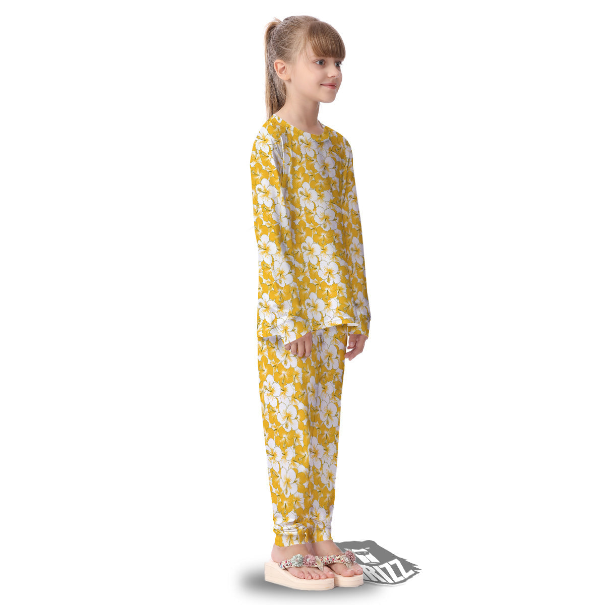 Hibiscus Flower And Camo Yellow Print Pattern Kid's Pajamas-grizzshop