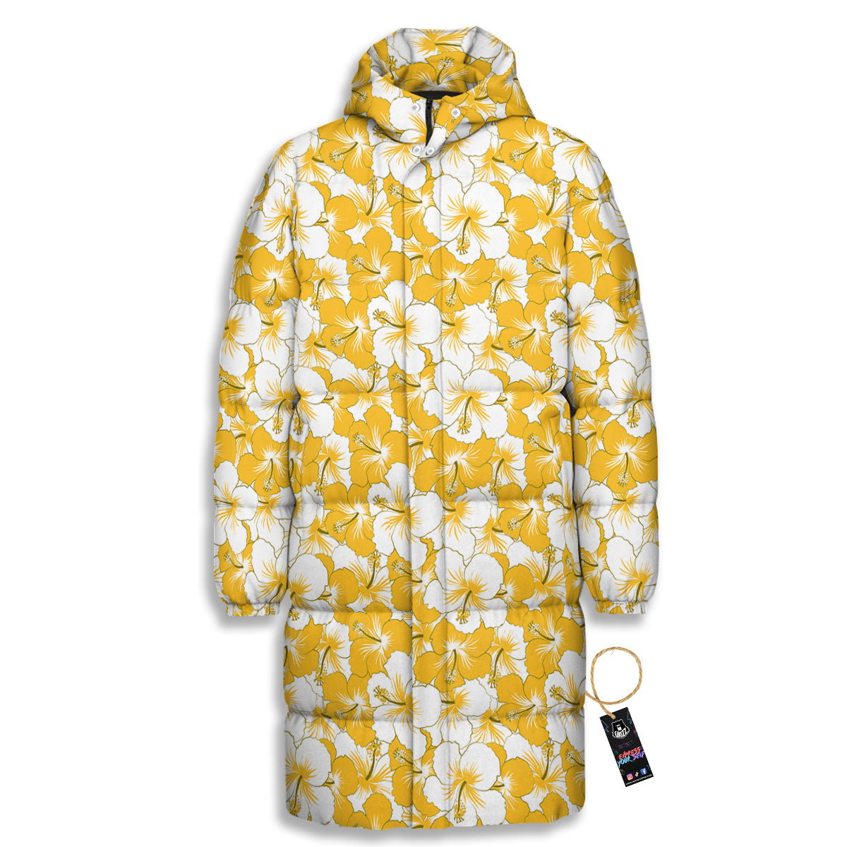 Hibiscus Flower And Camo Yellow Print Pattern Long Down Jacket-grizzshop