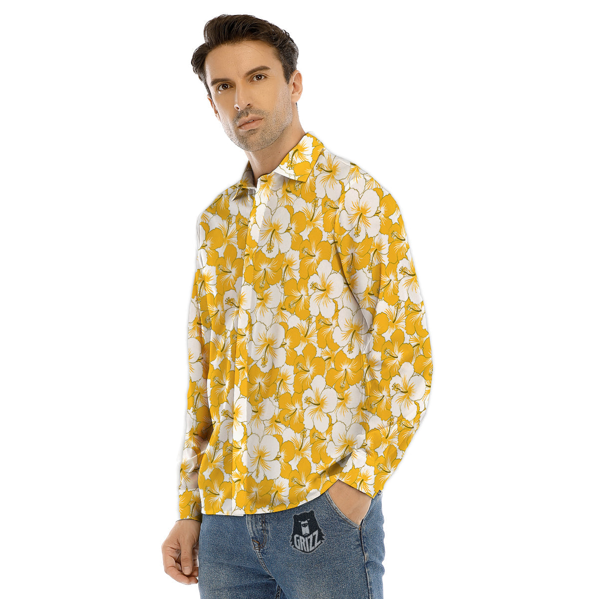 Hibiscus Flower And Camo Yellow Print Pattern Men's Dress Shirts-grizzshop