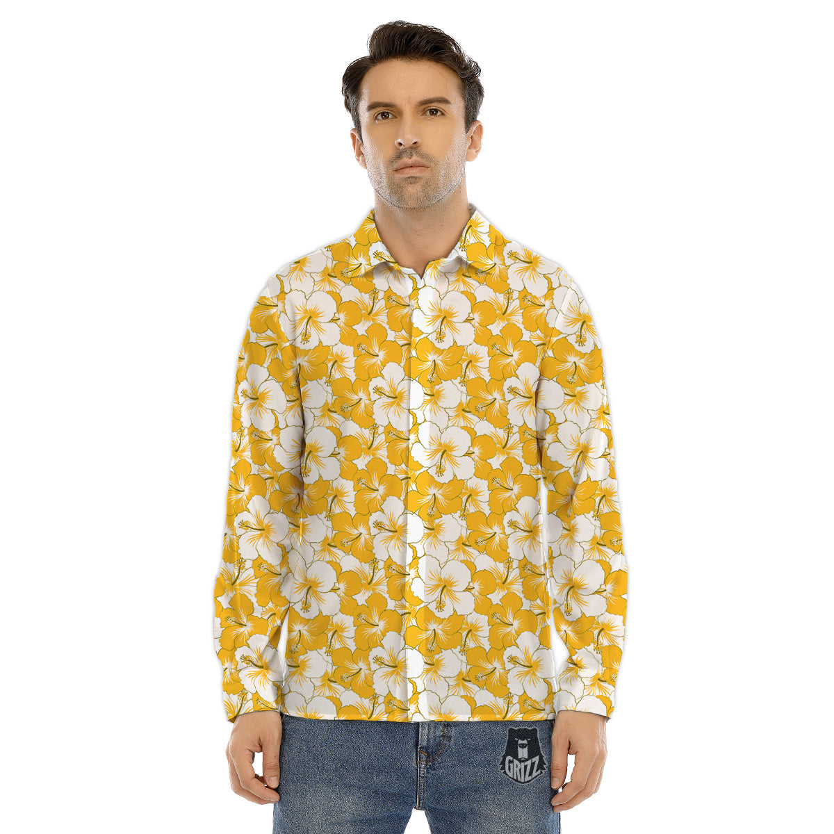Hibiscus Flower And Camo Yellow Print Pattern Men's Dress Shirts-grizzshop