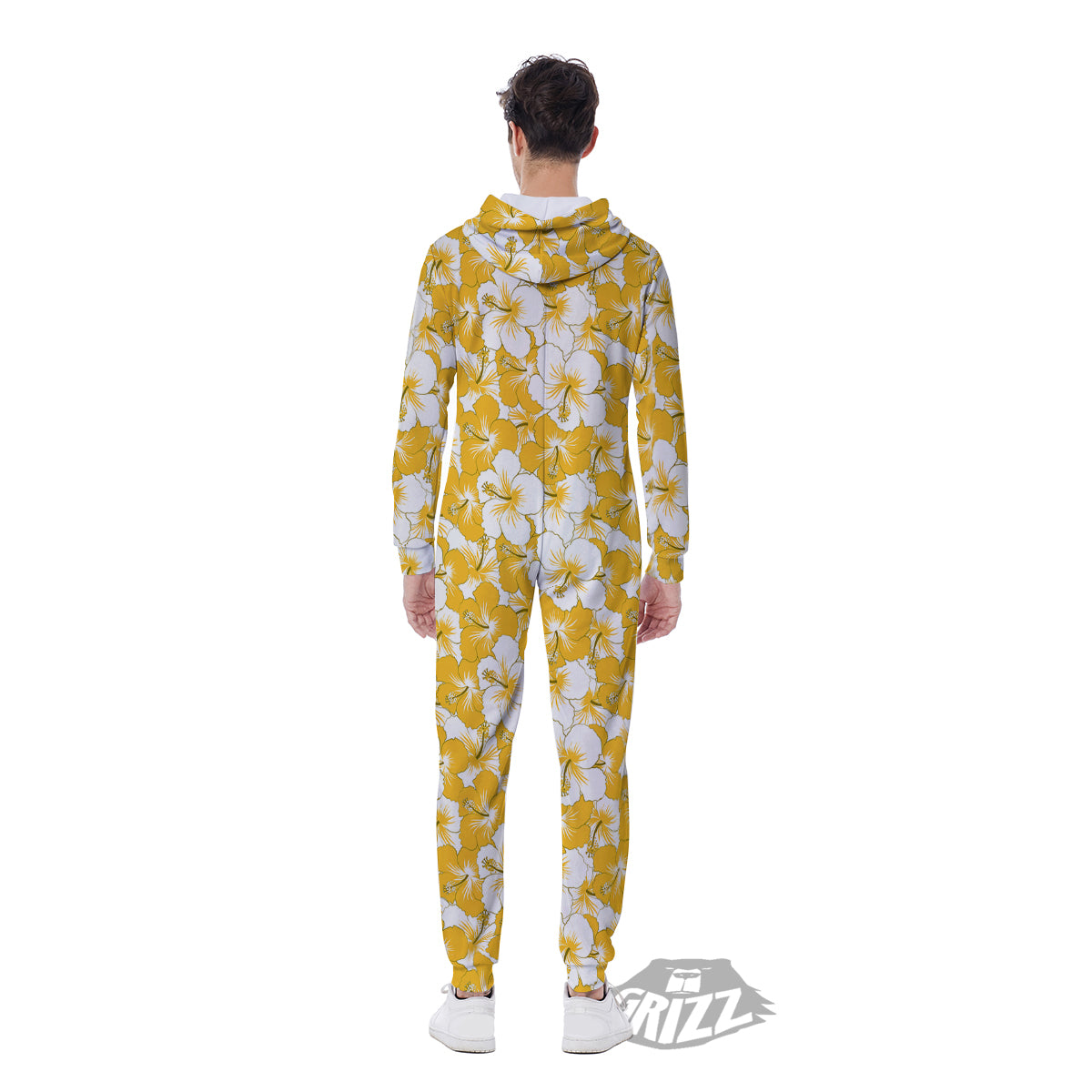 Hibiscus Flower And Camo Yellow Print Pattern Men's Jumpsuit-grizzshop