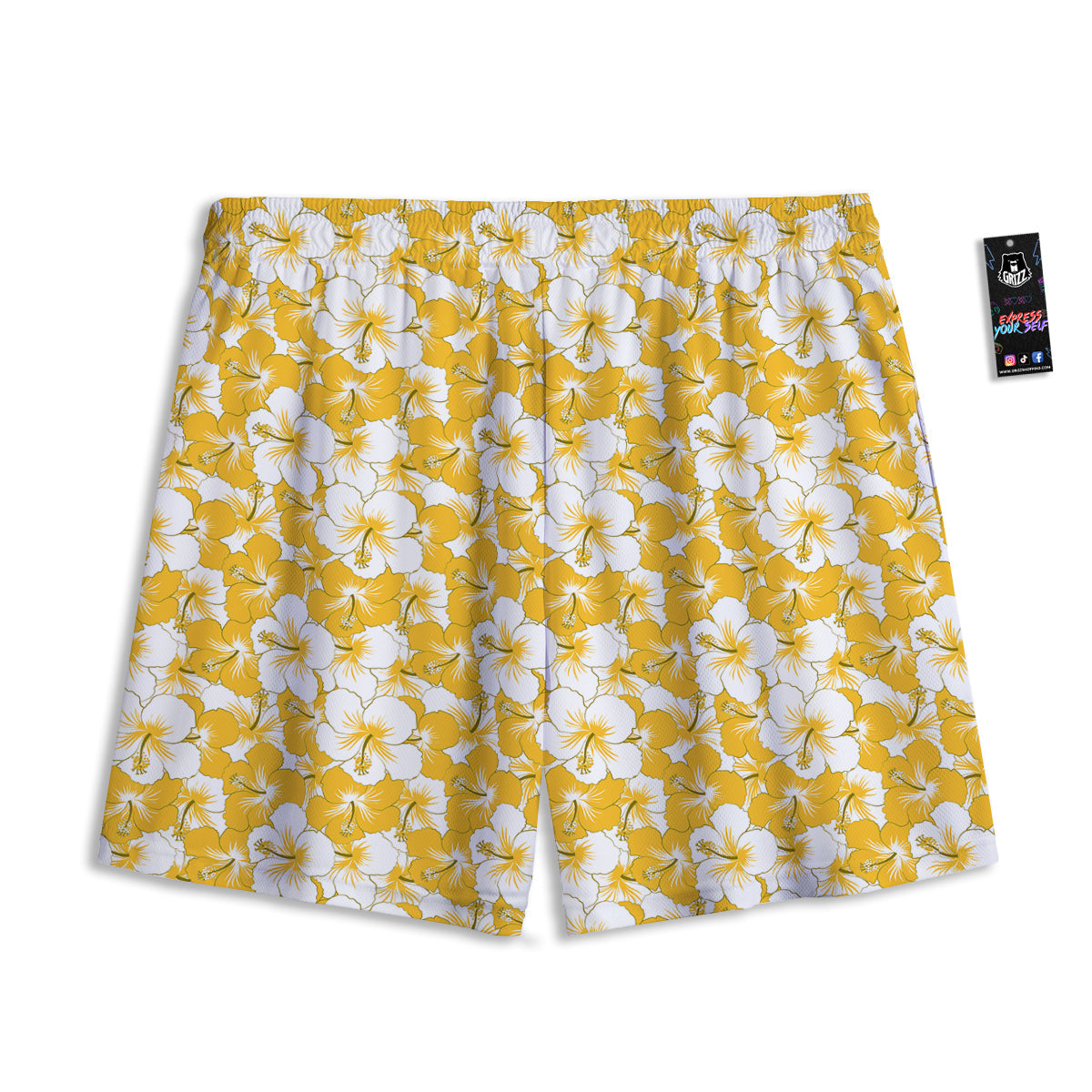 Hibiscus Flower And Camo Yellow Print Pattern Mesh Shorts