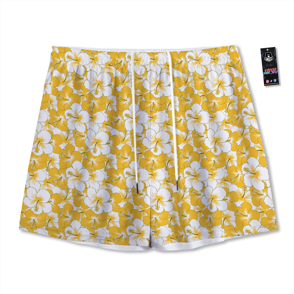 Hibiscus Flower And Camo Yellow Print Pattern Mesh Shorts