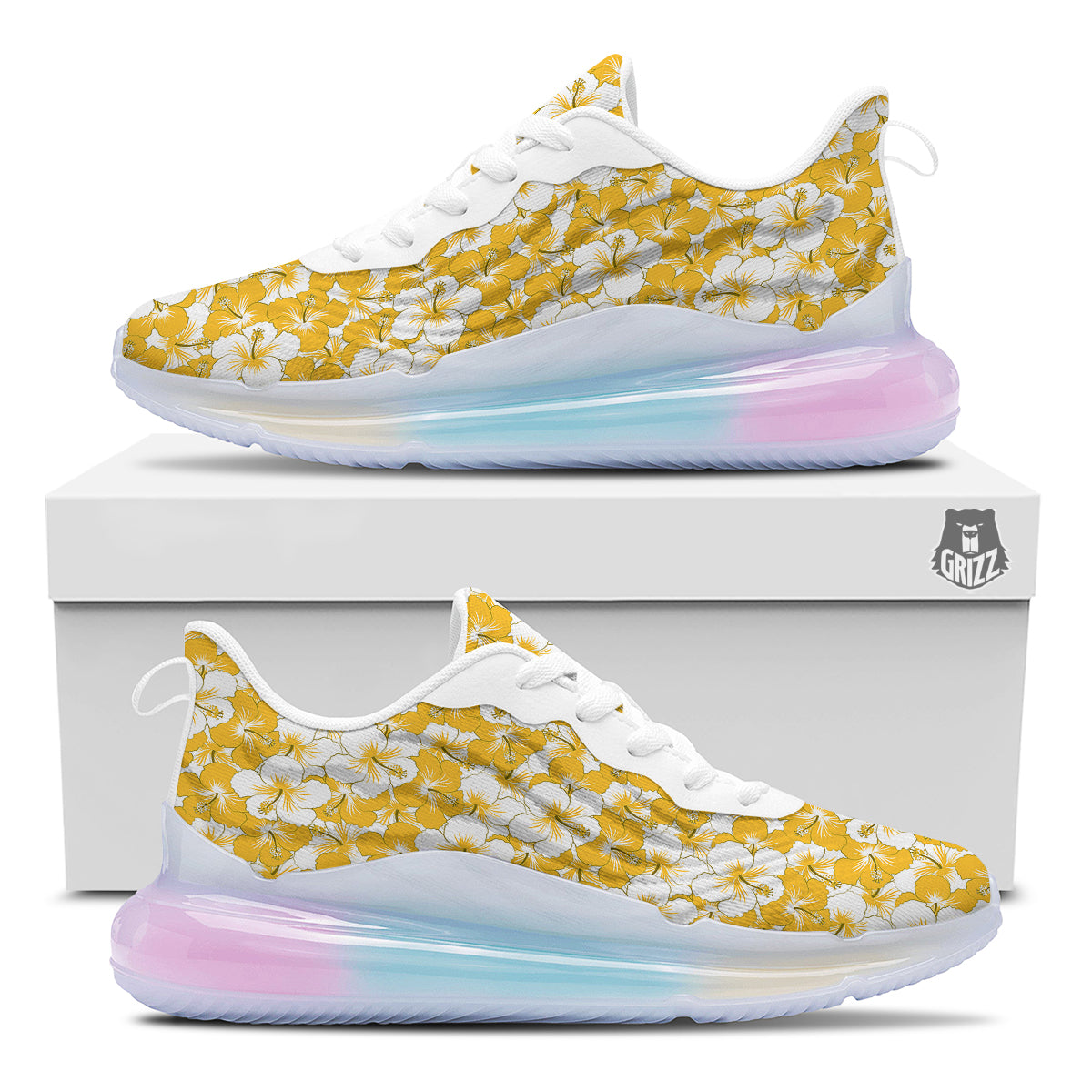 Hibiscus Flower And Camo Yellow Print Pattern Running Sneakers-grizzshop