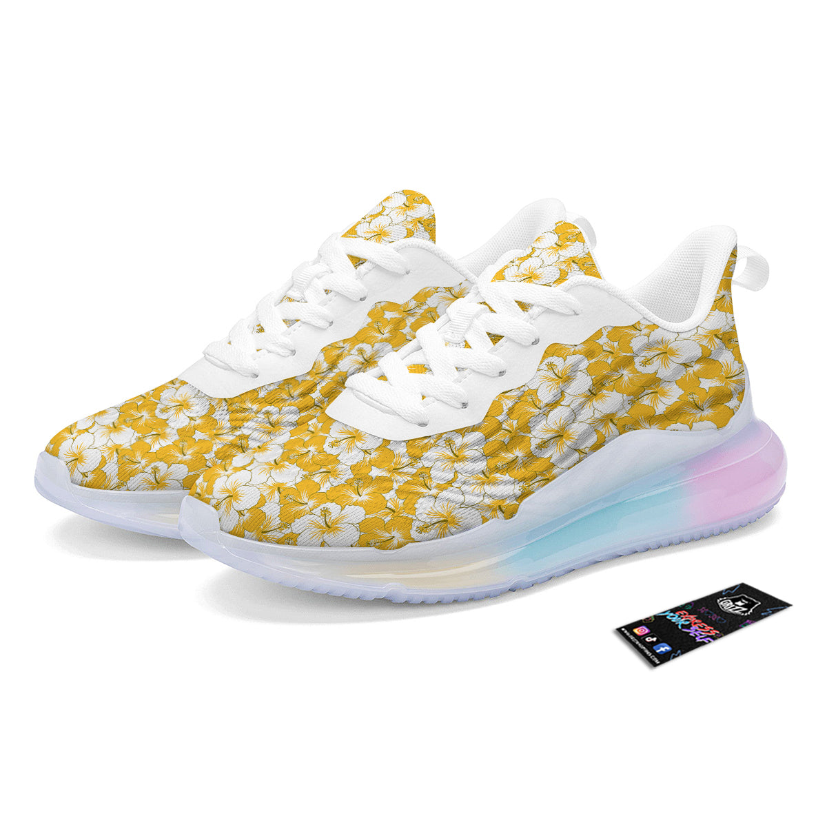 Hibiscus Flower And Camo Yellow Print Pattern Running Sneakers-grizzshop