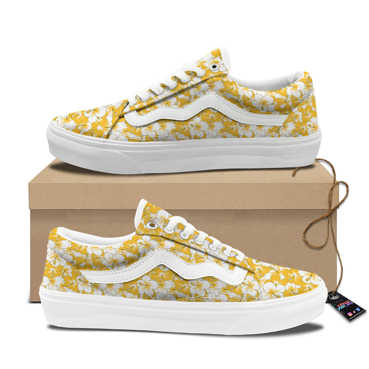 Hibiscus Flower And Camo Yellow Print Pattern Skate Shoes-grizzshop