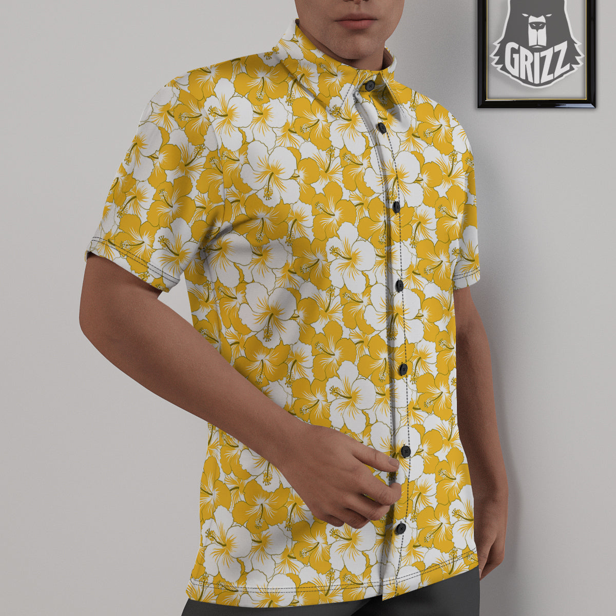 Hibiscus Flower And Camo Yellow Print Pattern Untucked Shirts-grizzshop