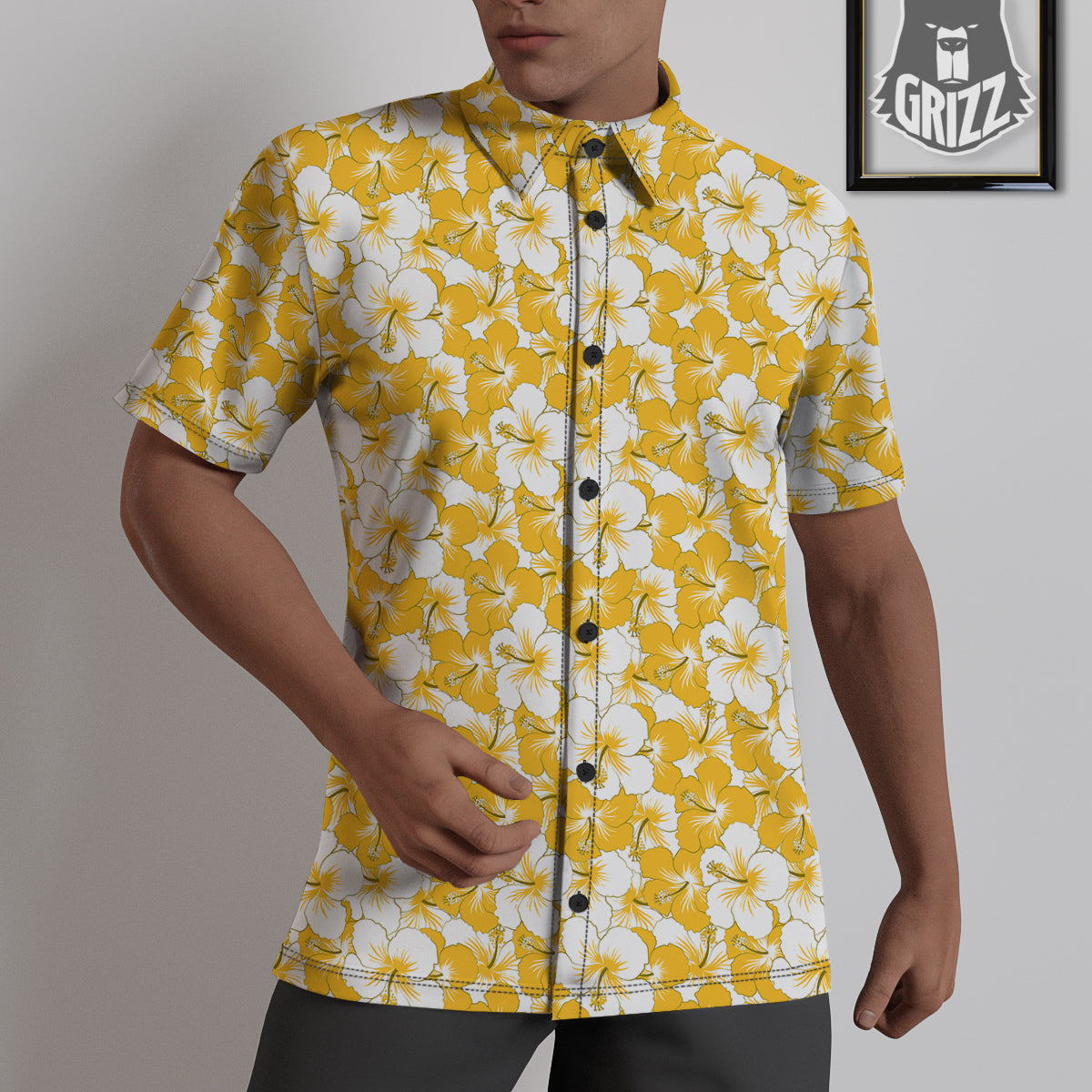 Hibiscus Flower And Camo Yellow Print Pattern Untucked Shirts-grizzshop