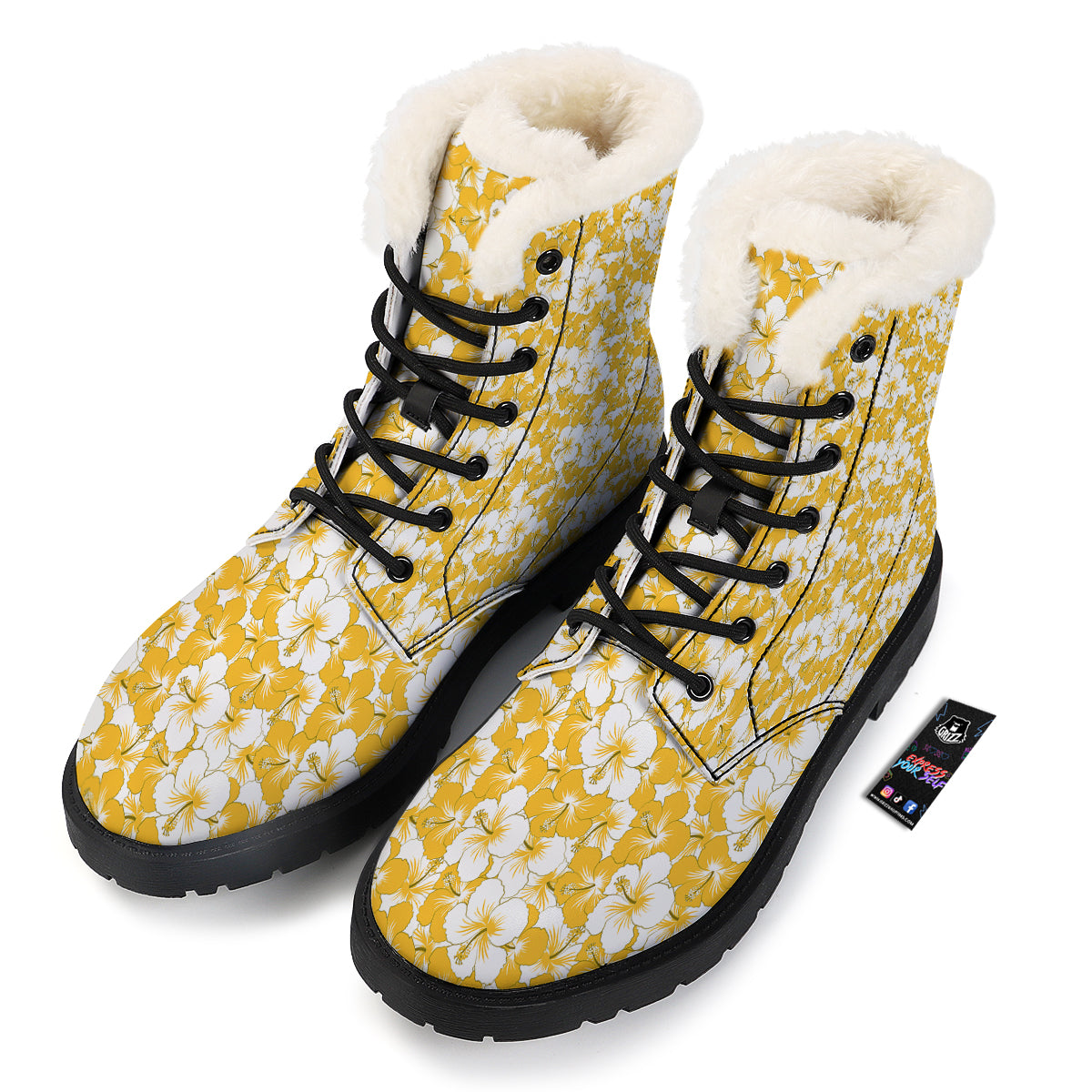 Hibiscus Flower And Camo Yellow Print Pattern Winter Boots-grizzshop