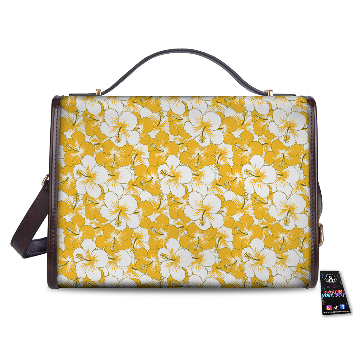 Hibiscus Flower And Camo Yellow Print Pattern Women's Satchel Bag-grizzshop