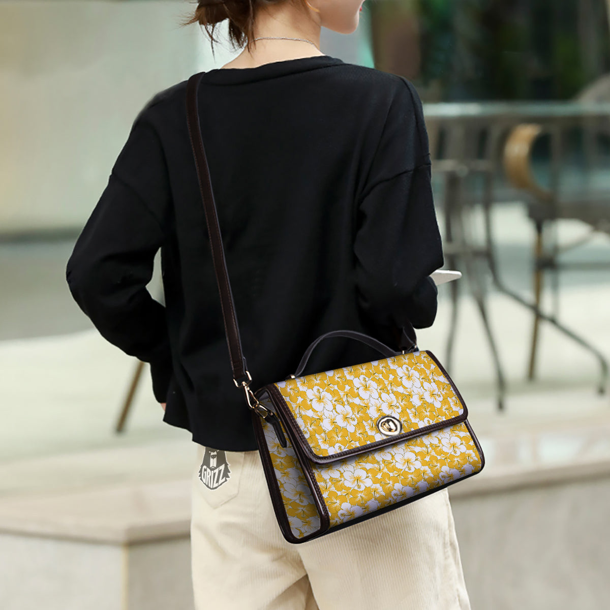 Hibiscus Flower And Camo Yellow Print Pattern Women's Satchel Bag-grizzshop