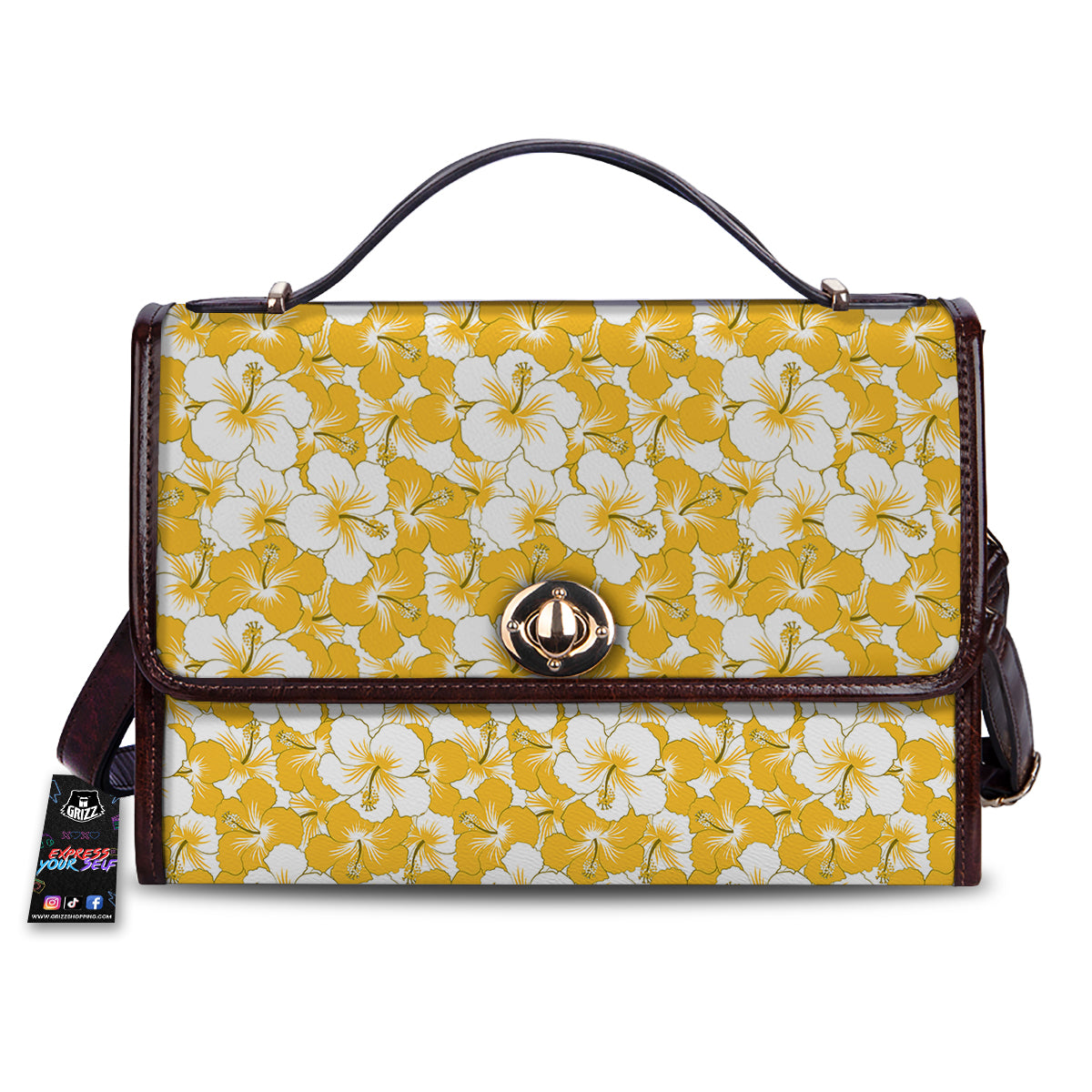 Hibiscus Flower And Camo Yellow Print Pattern Women's Satchel Bag-grizzshop