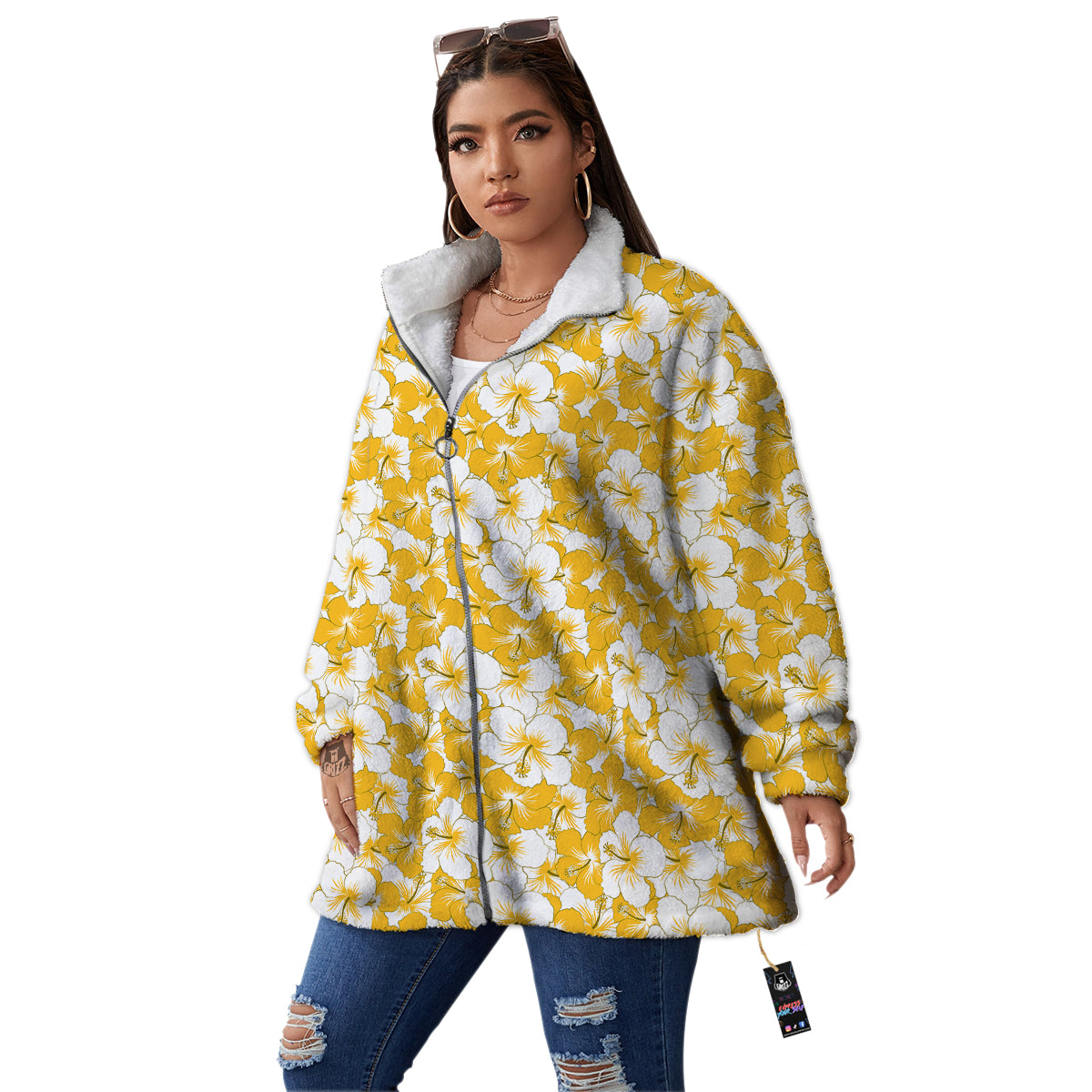 Hibiscus Flower And Camo Yellow Print Pattern Women's Sherpa Jacket-grizzshop