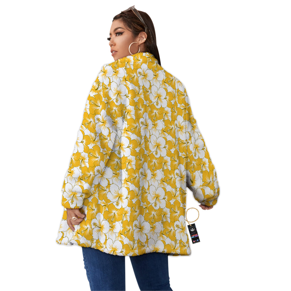 Hibiscus Flower And Camo Yellow Print Pattern Women's Sherpa Jacket-grizzshop