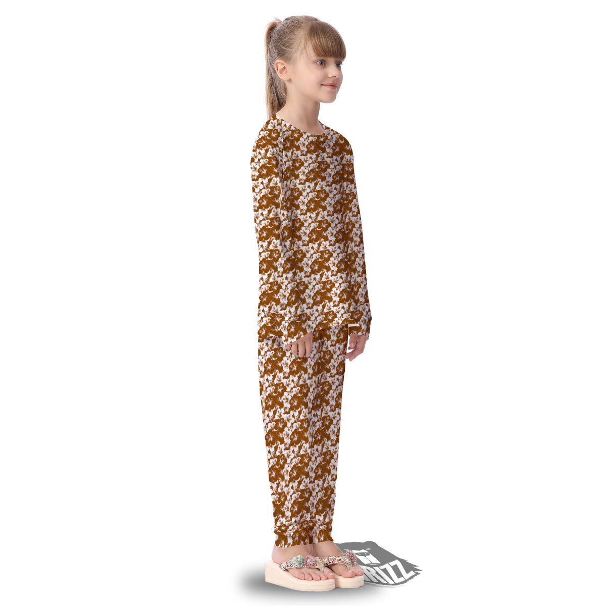 Hibiscus Flower Brown Camo Print Kid's Pajamas-grizzshop